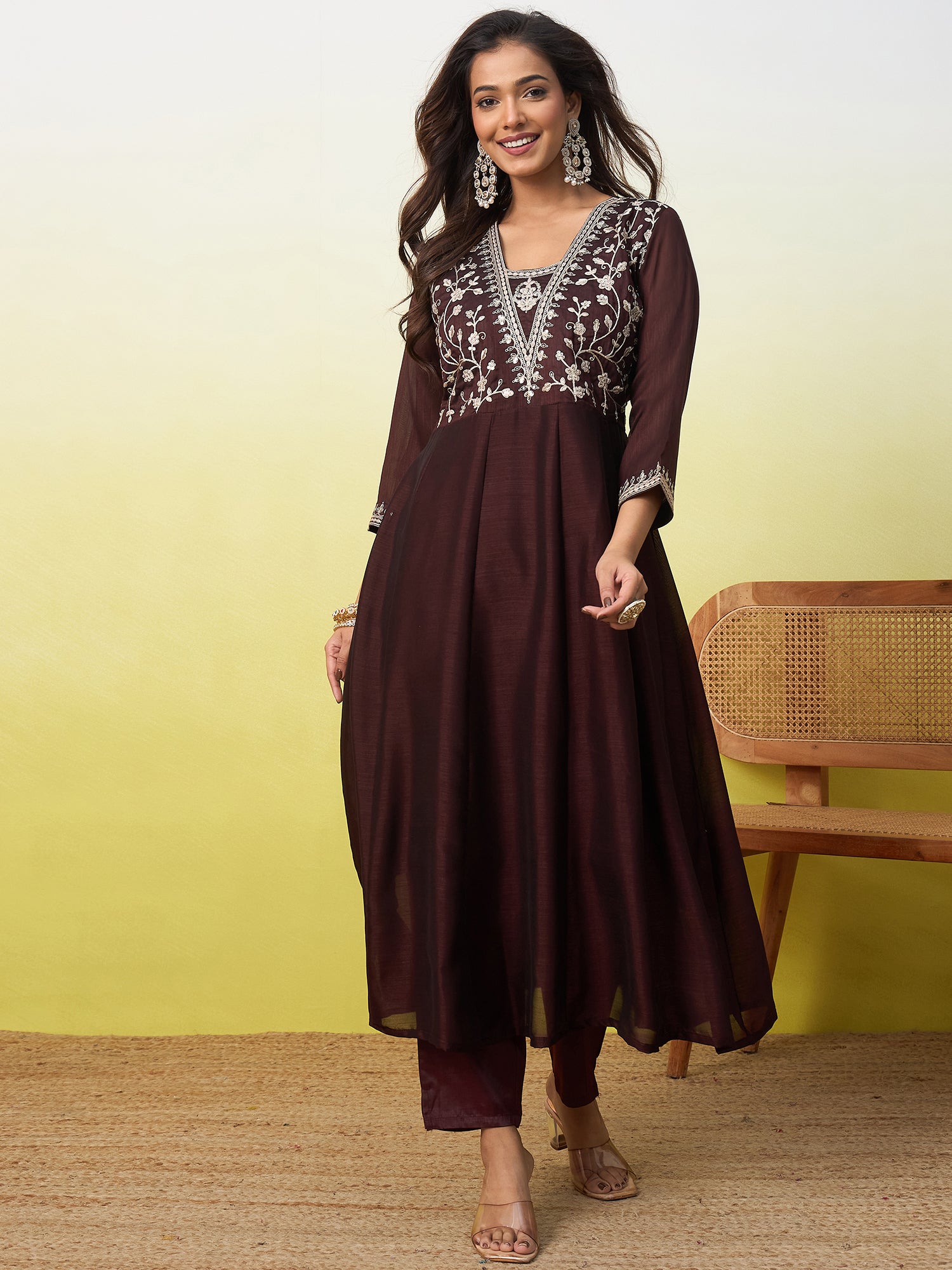 Riddhi Women's Coffee Brown Embroidered Yoke Design Kurta Pant Set with Dupatta