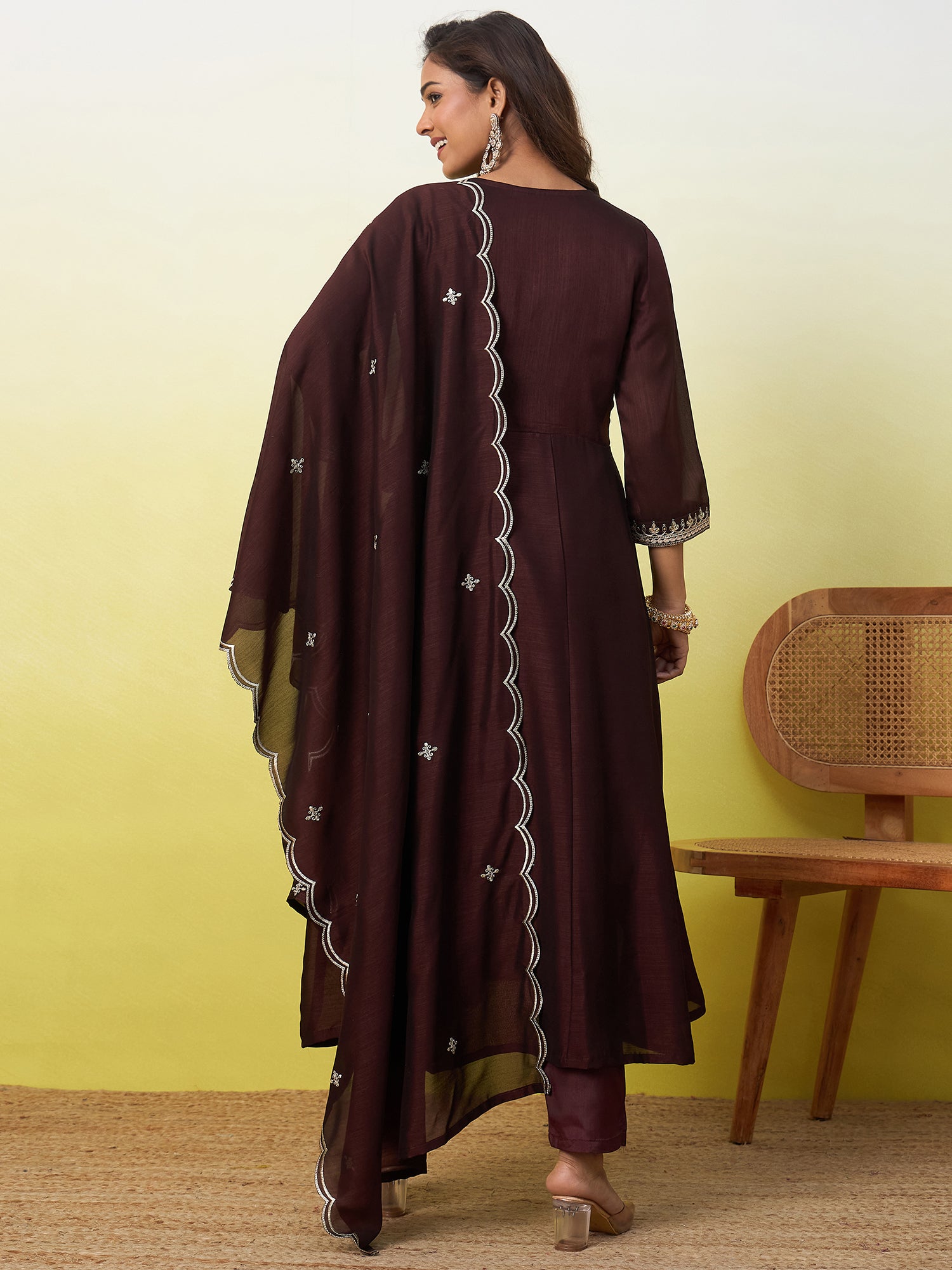 Riddhi Women's Coffee Brown Embroidered Yoke Design Kurta Pant Set with Dupatta