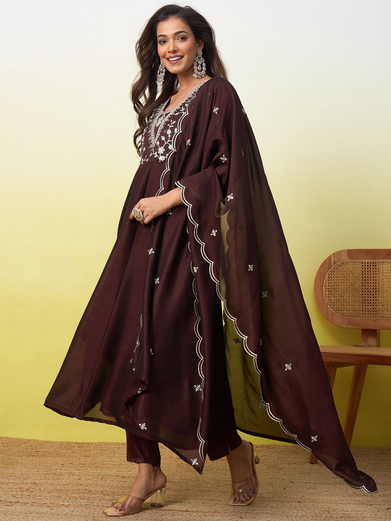 Riddhi Women's Coffee Brown Embroidered Yoke Design Kurta Pant Set with Dupatta