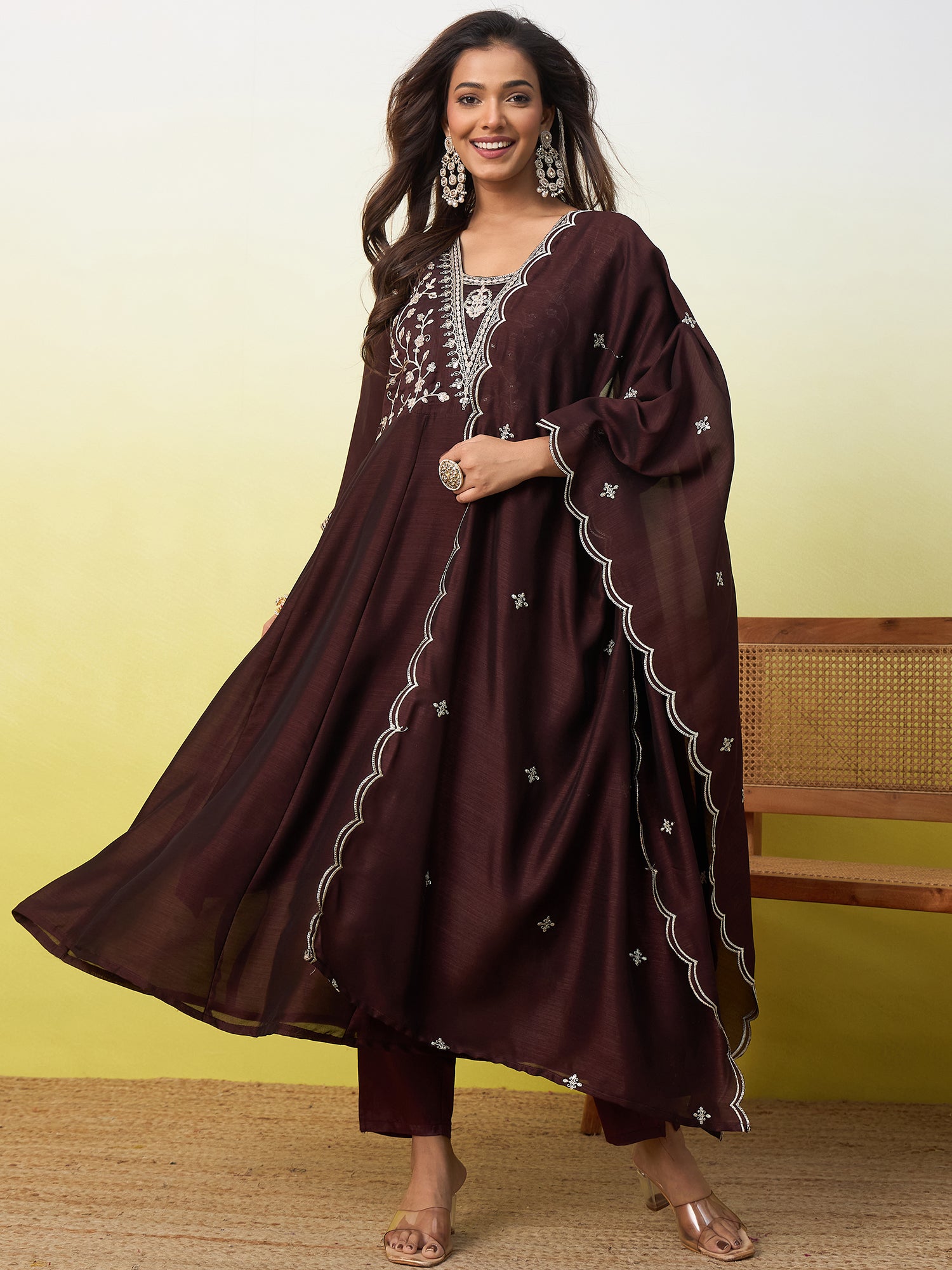 Riddhi Women's Coffee Brown Embroidered Yoke Design Kurta Pant Set with Dupatta