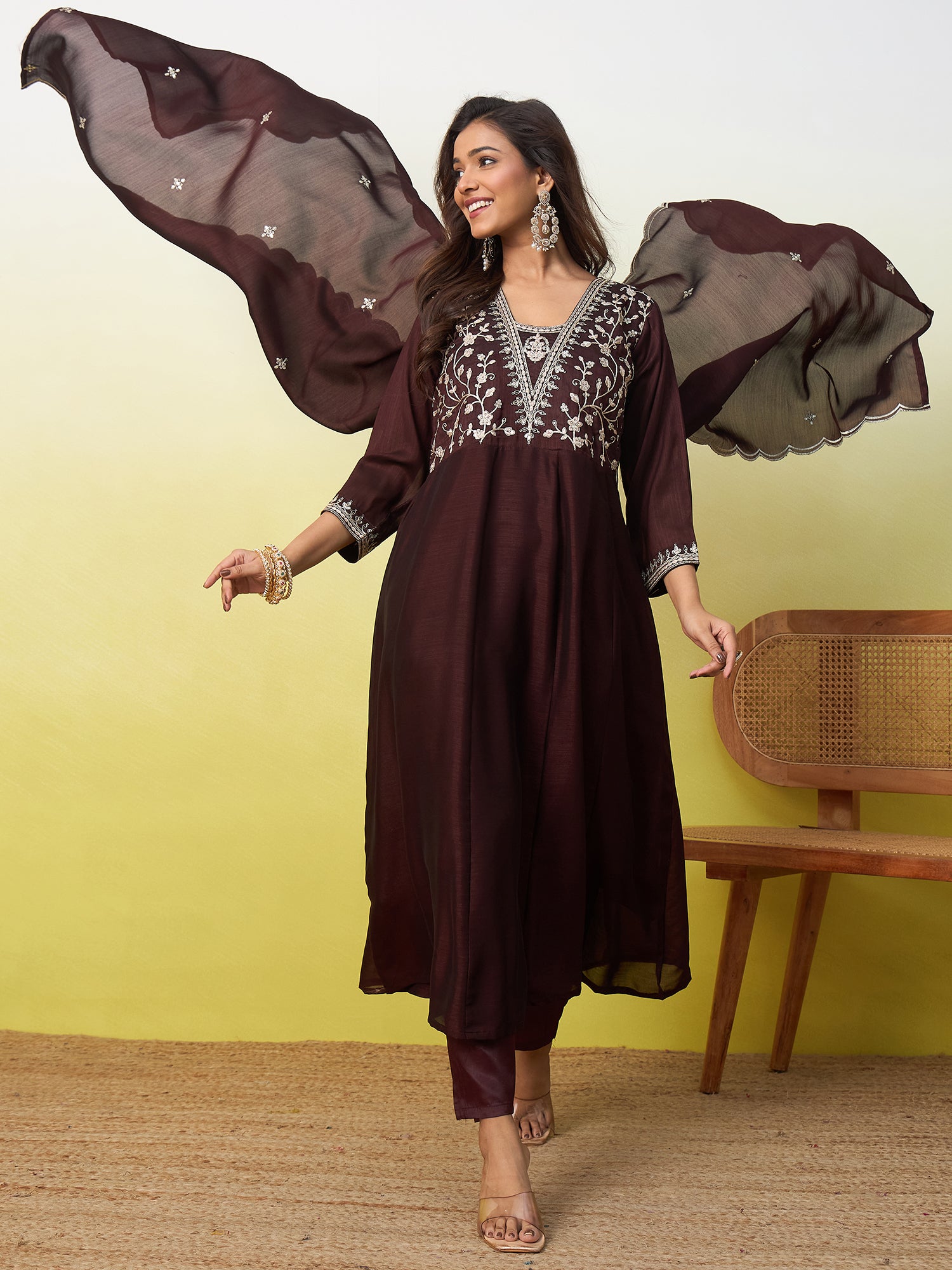 Riddhi Women's Coffee Brown Embroidered Yoke Design Kurta Pant Set with Dupatta