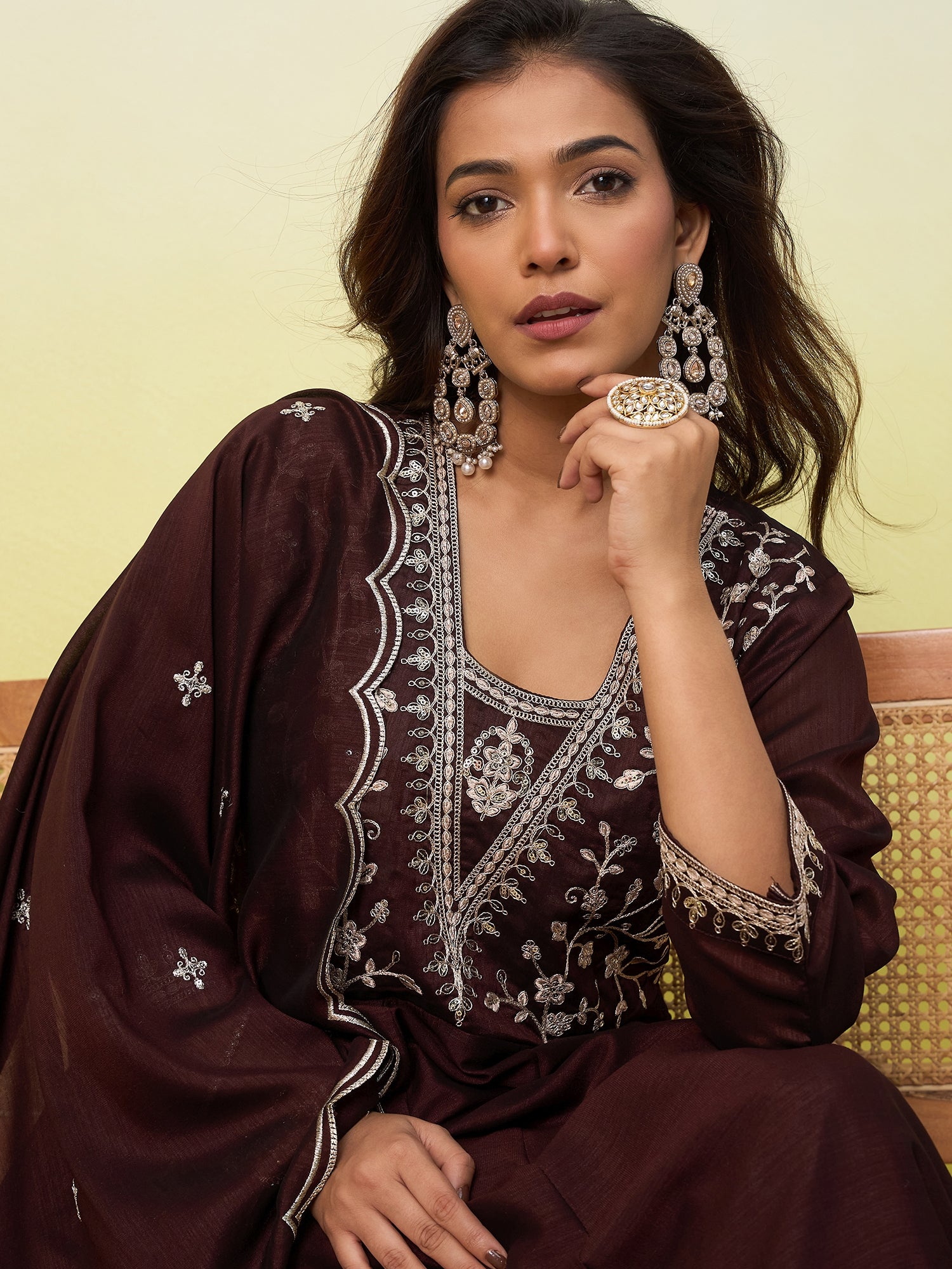 Riddhi Women's Coffee Brown Embroidered Yoke Design Kurta Pant Set with Dupatta