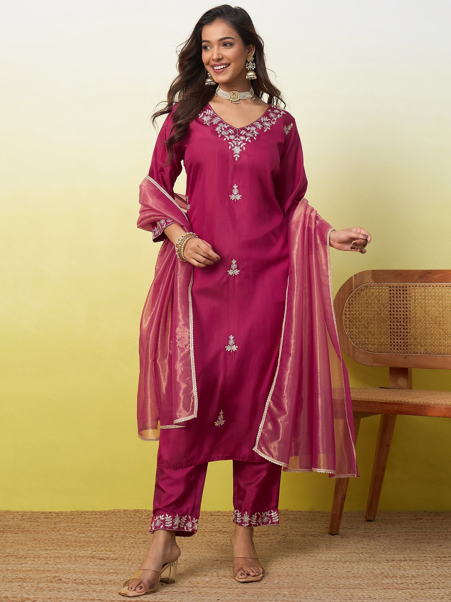 Prisha Women's Embroidered Yoke Design Straight Kurta Set with Dupatta