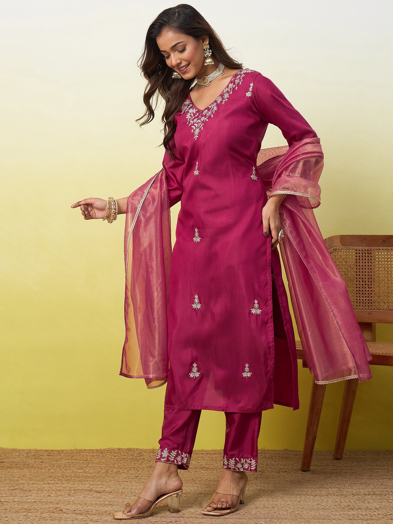 Prisha Women's Embroidered Yoke Design Straight Kurta Set with Dupatta