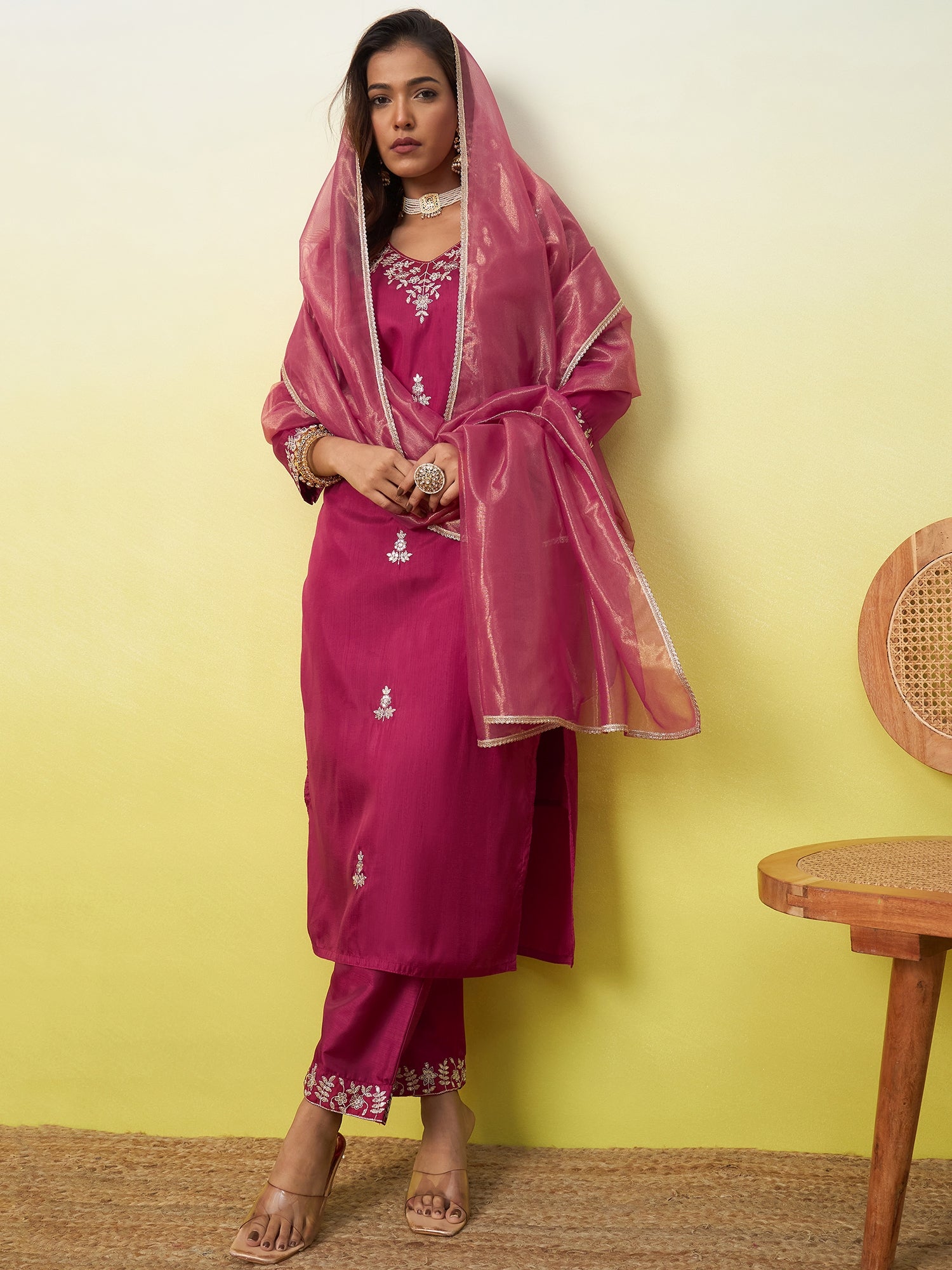 Prisha Women's Embroidered Yoke Design Straight Kurta Set with Dupatta