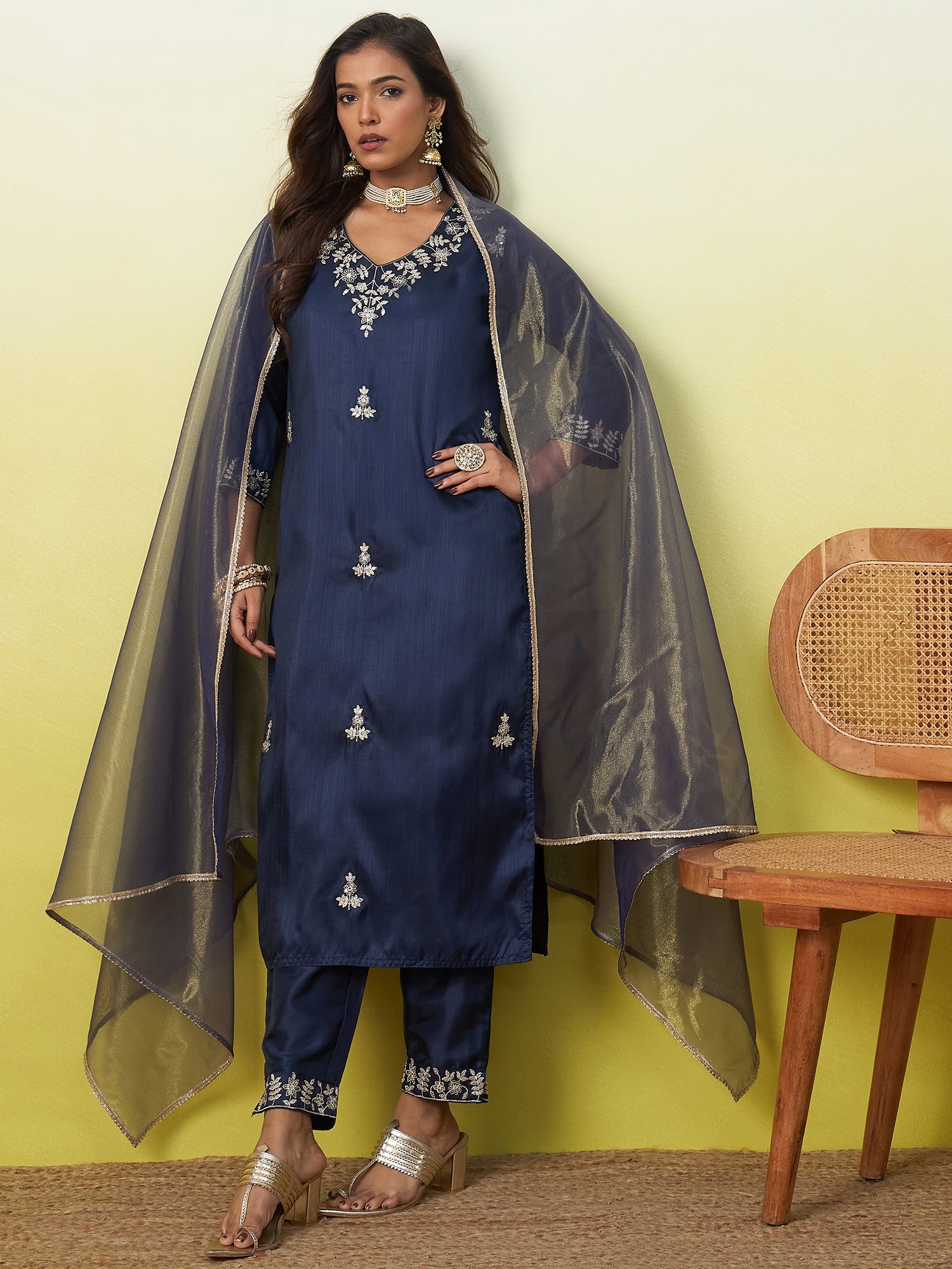 Aadhya Women's Embroidered Yoke Design Straight Kurta Set with Dupatta