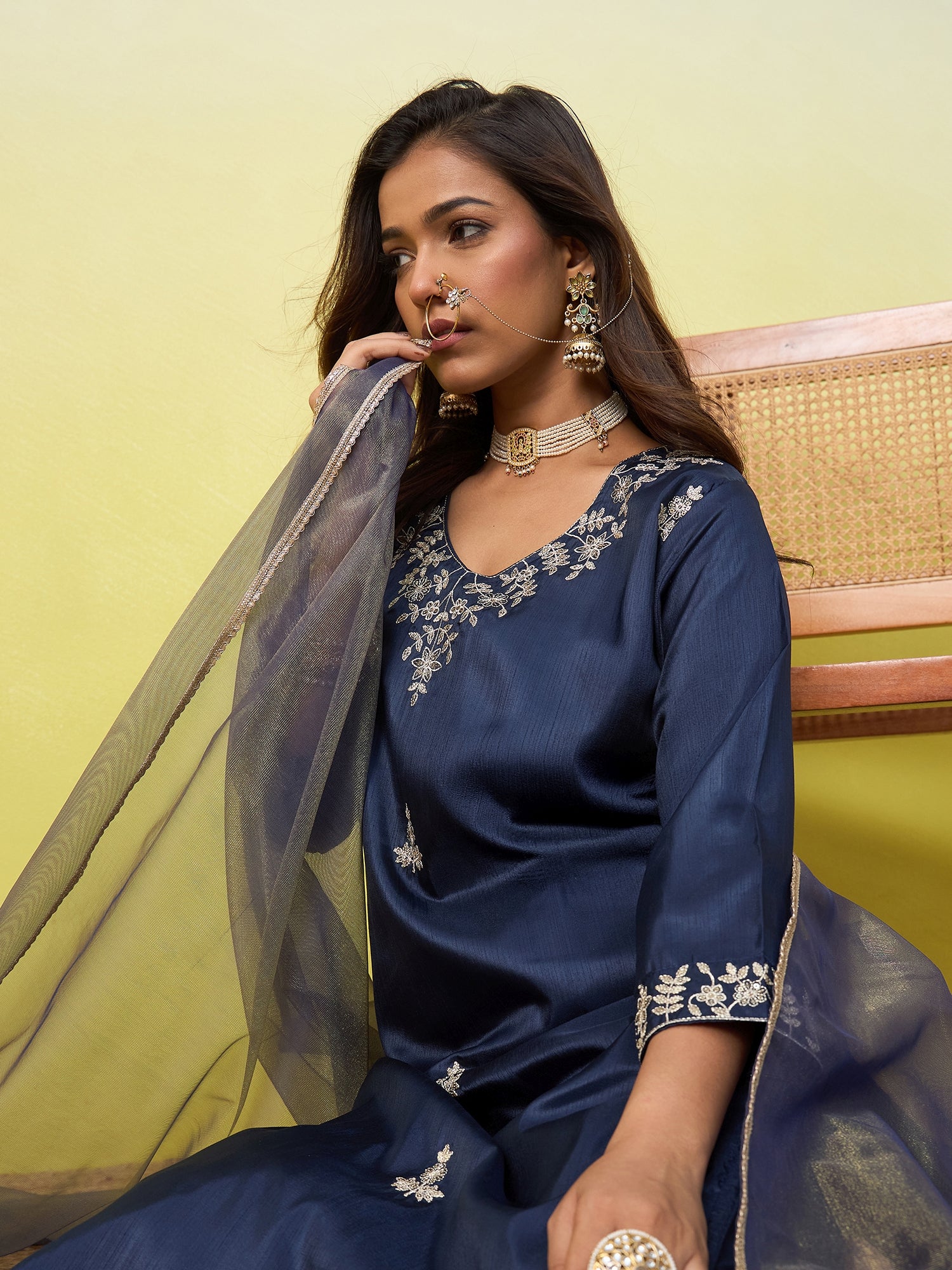 Aadhya Women's Embroidered Yoke Design Straight Kurta Set with Dupatta
