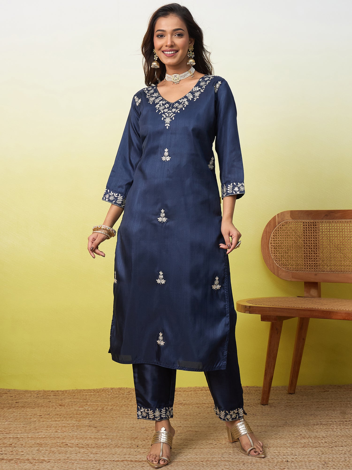 Aadhya Women's Embroidered Yoke Design Straight Kurta Set with Dupatta