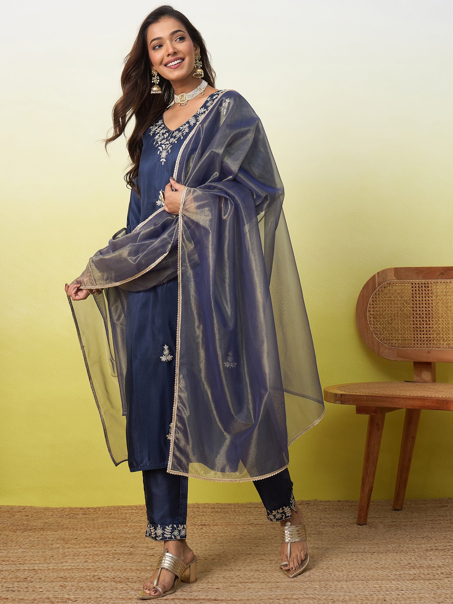 Aadhya Women's Embroidered Yoke Design Straight Kurta Set with Dupatta