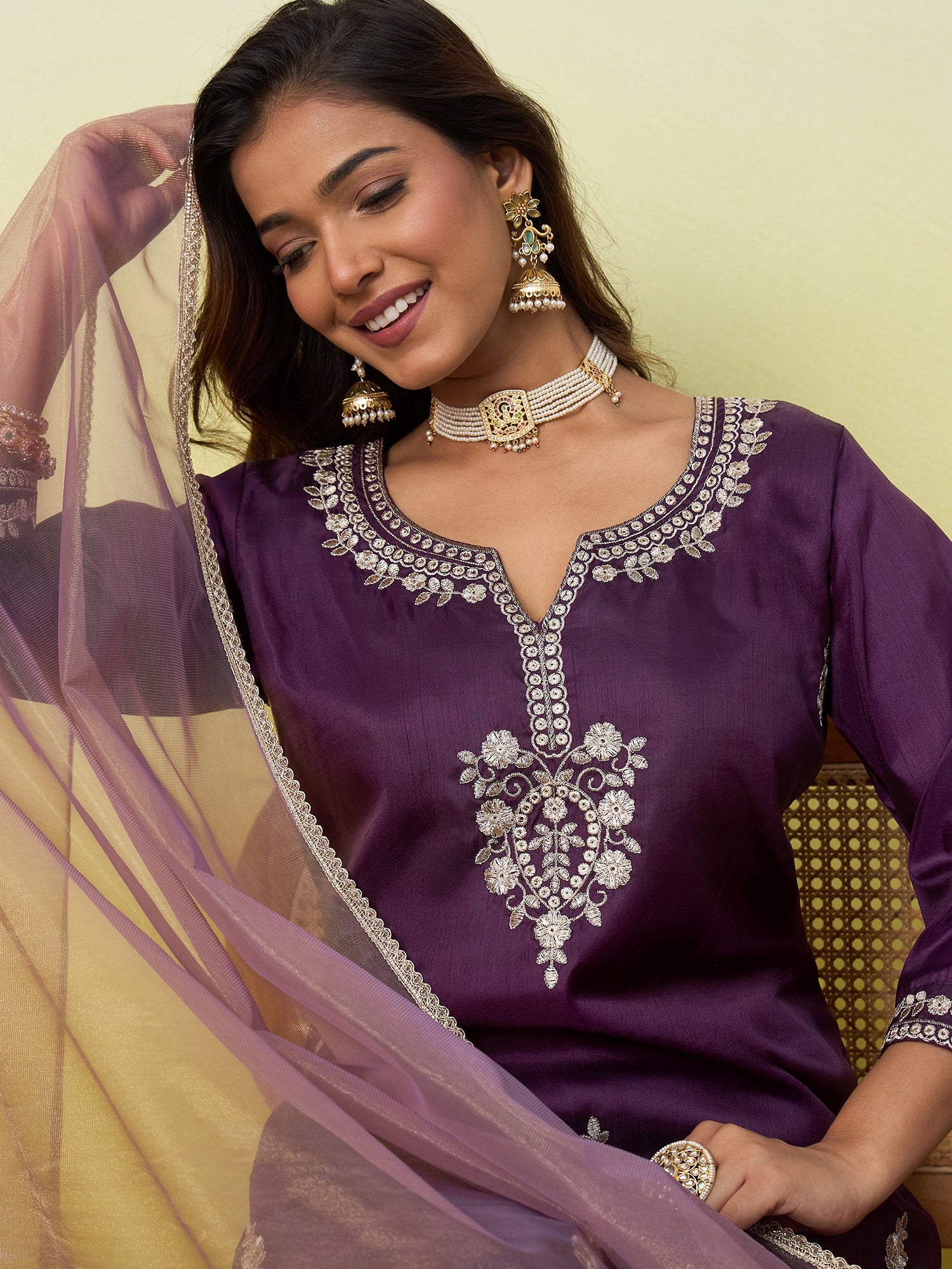 Kavya Women's Embroidered Yoke Design Straight Kurta Set with Dupatta