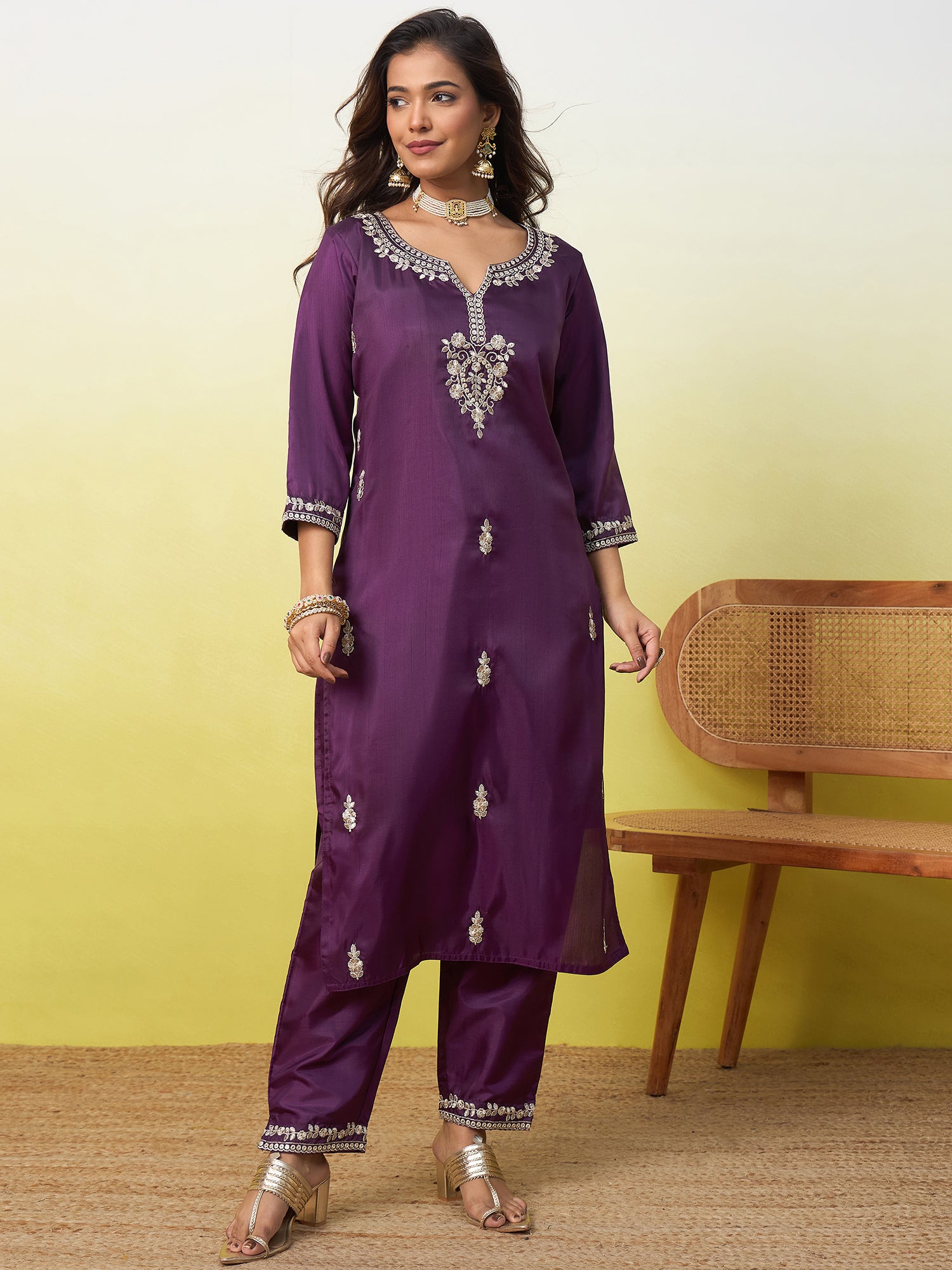 Kavya Women's Embroidered Yoke Design Straight Kurta Set with Dupatta