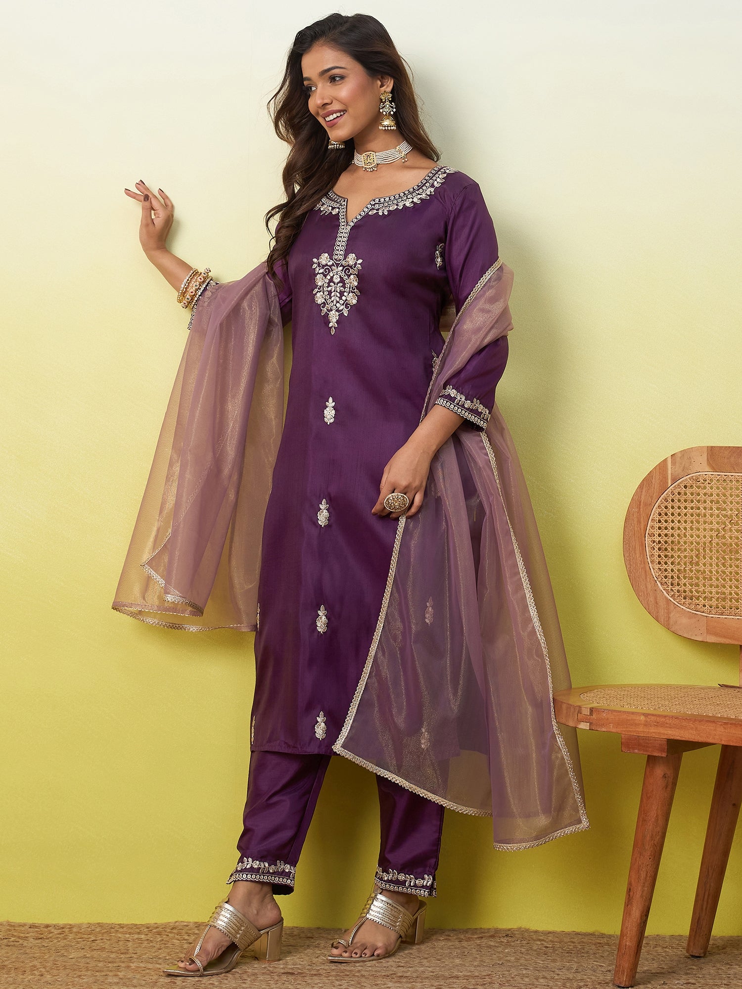 Kavya Women's Embroidered Yoke Design Straight Kurta Set with Dupatta