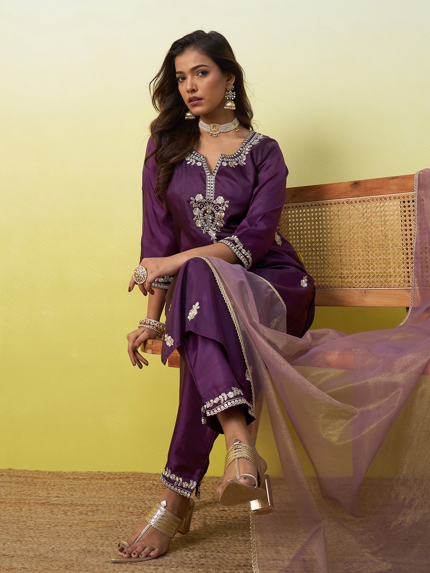 Kavya Women's Embroidered Yoke Design Straight Kurta Set with Dupatta
