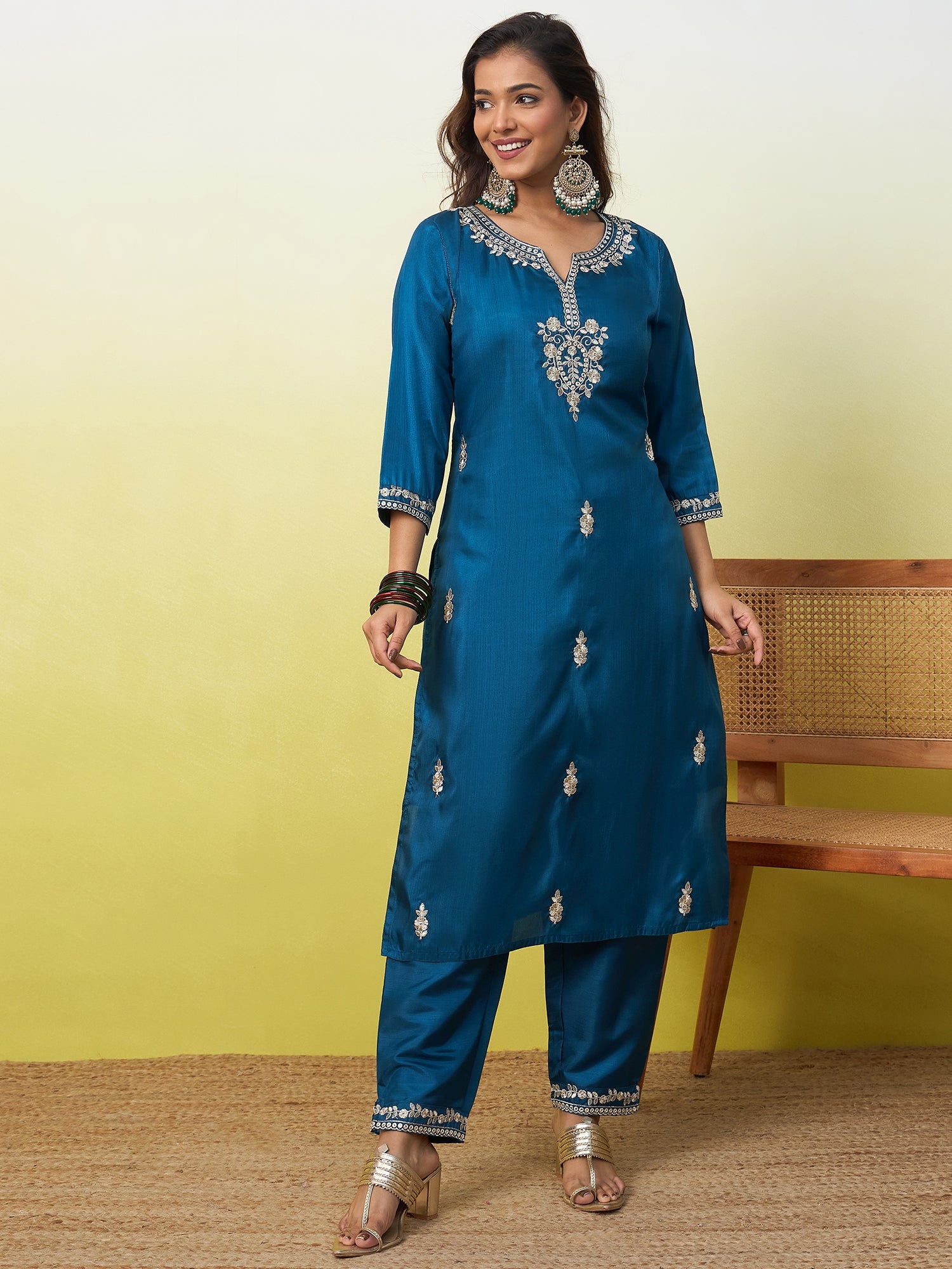 Diya Women's Embroidered Yoke Design Straight Kurta Set with Dupatta