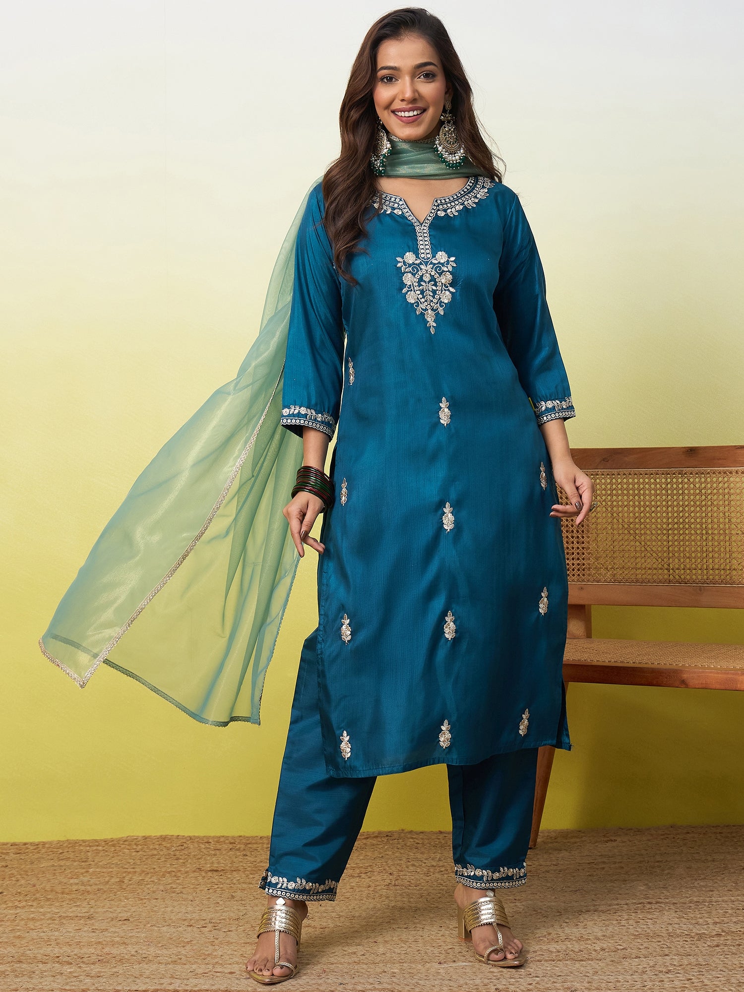 Diya Women's Embroidered Yoke Design Straight Kurta Set with Dupatta