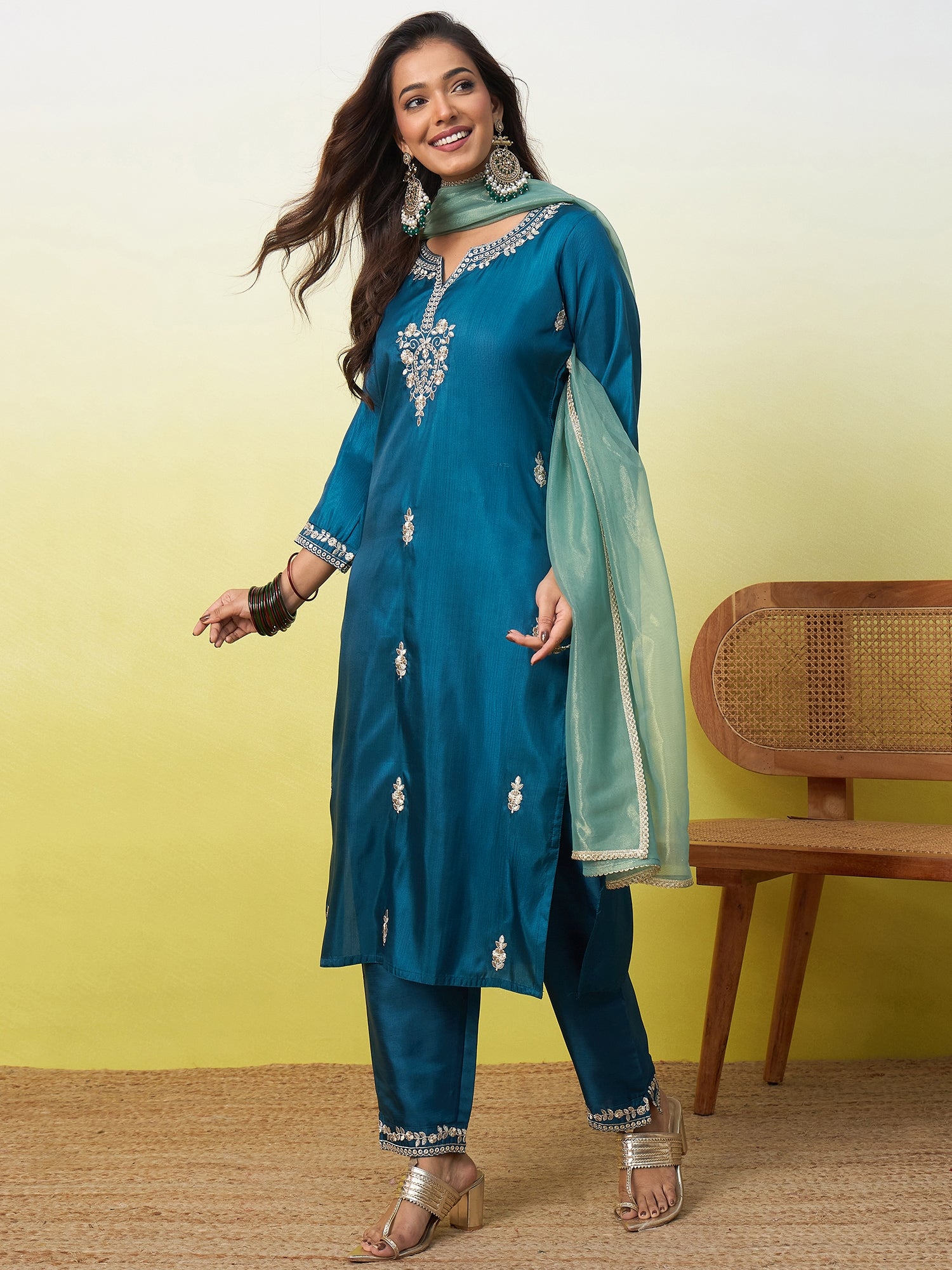 Diya Women's Embroidered Yoke Design Straight Kurta Set with Dupatta