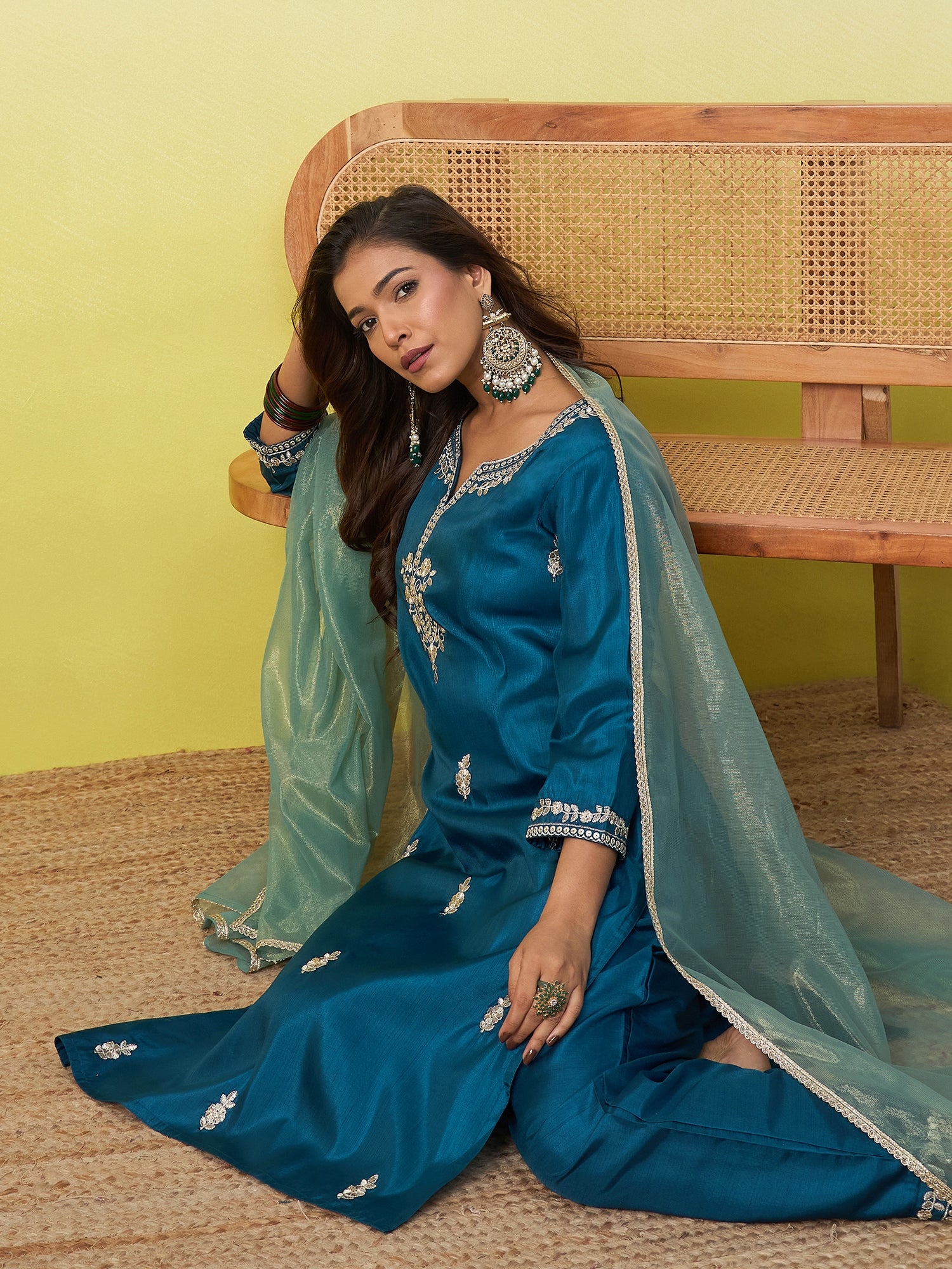 Diya Women's Embroidered Yoke Design Straight Kurta Set with Dupatta