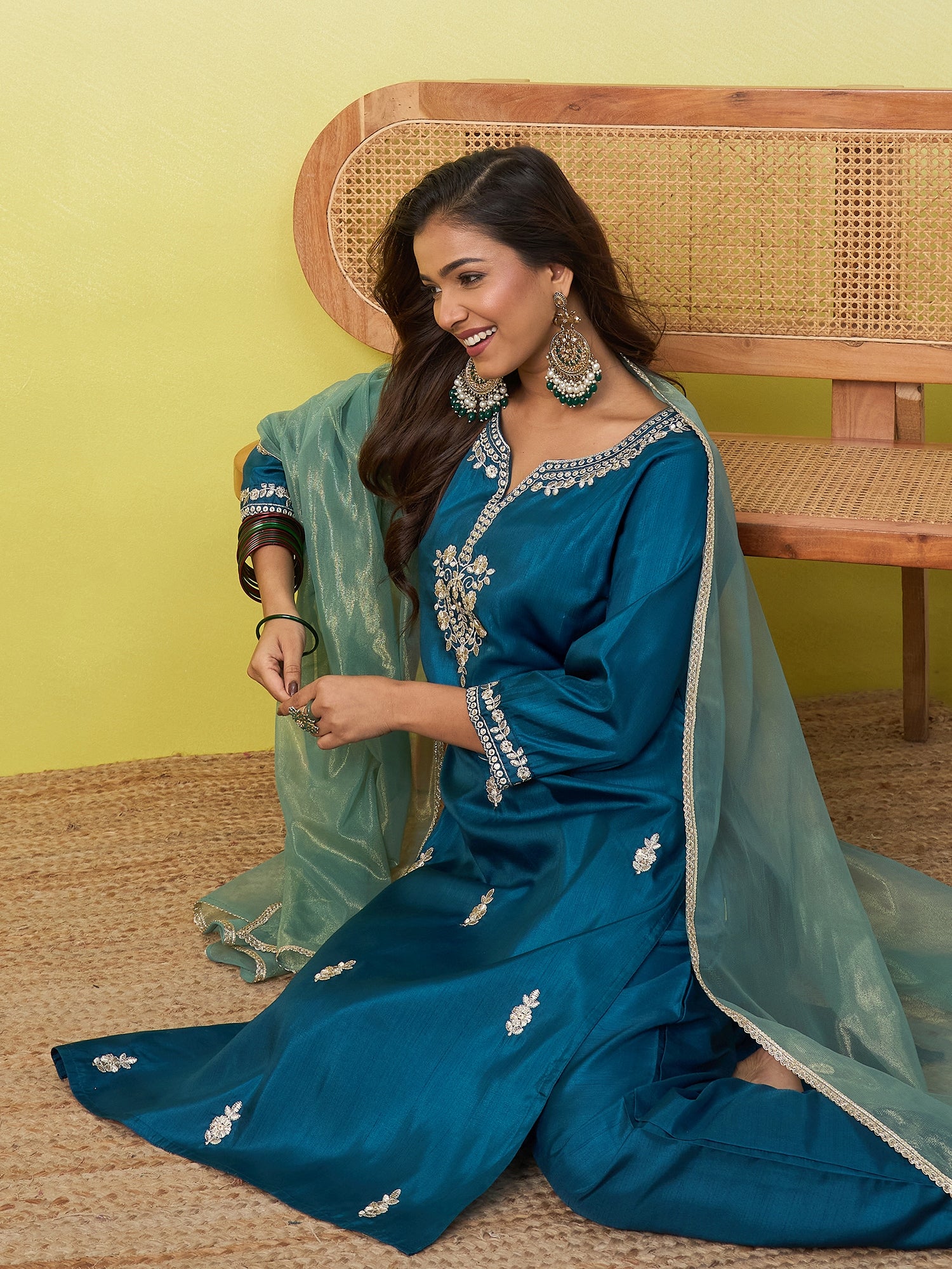 Diya Women's Embroidered Yoke Design Straight Kurta Set with Dupatta