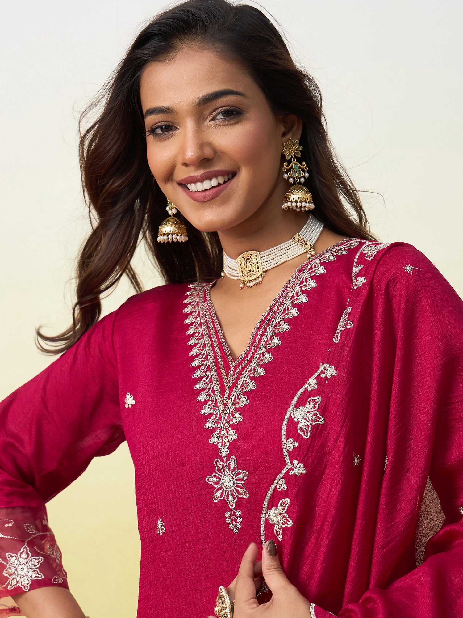 Meera Women's Embroidered Yoke Design Straight Kurta Set with Dupatta