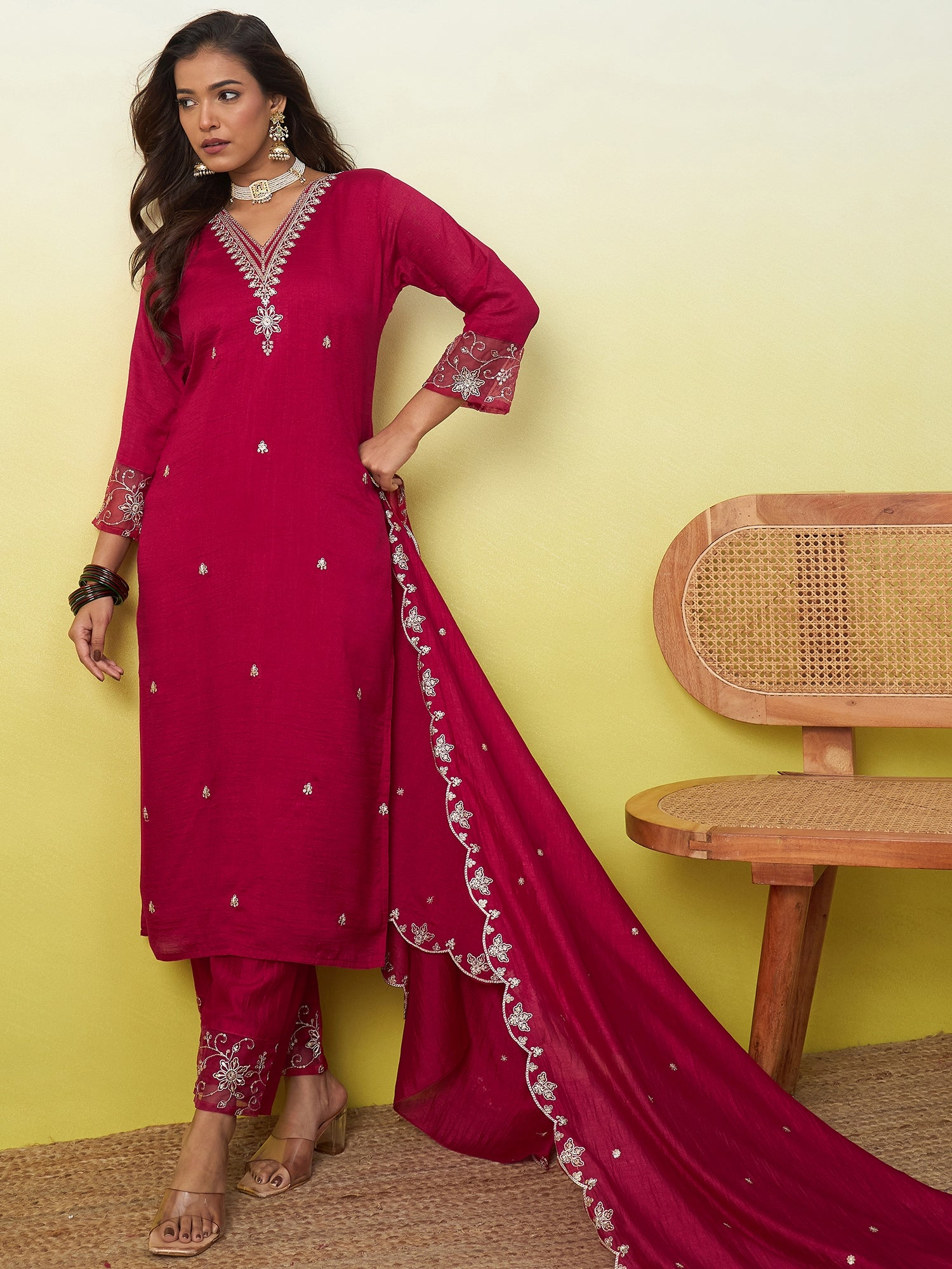 Meera Women's Embroidered Yoke Design Straight Kurta Set with Dupatta