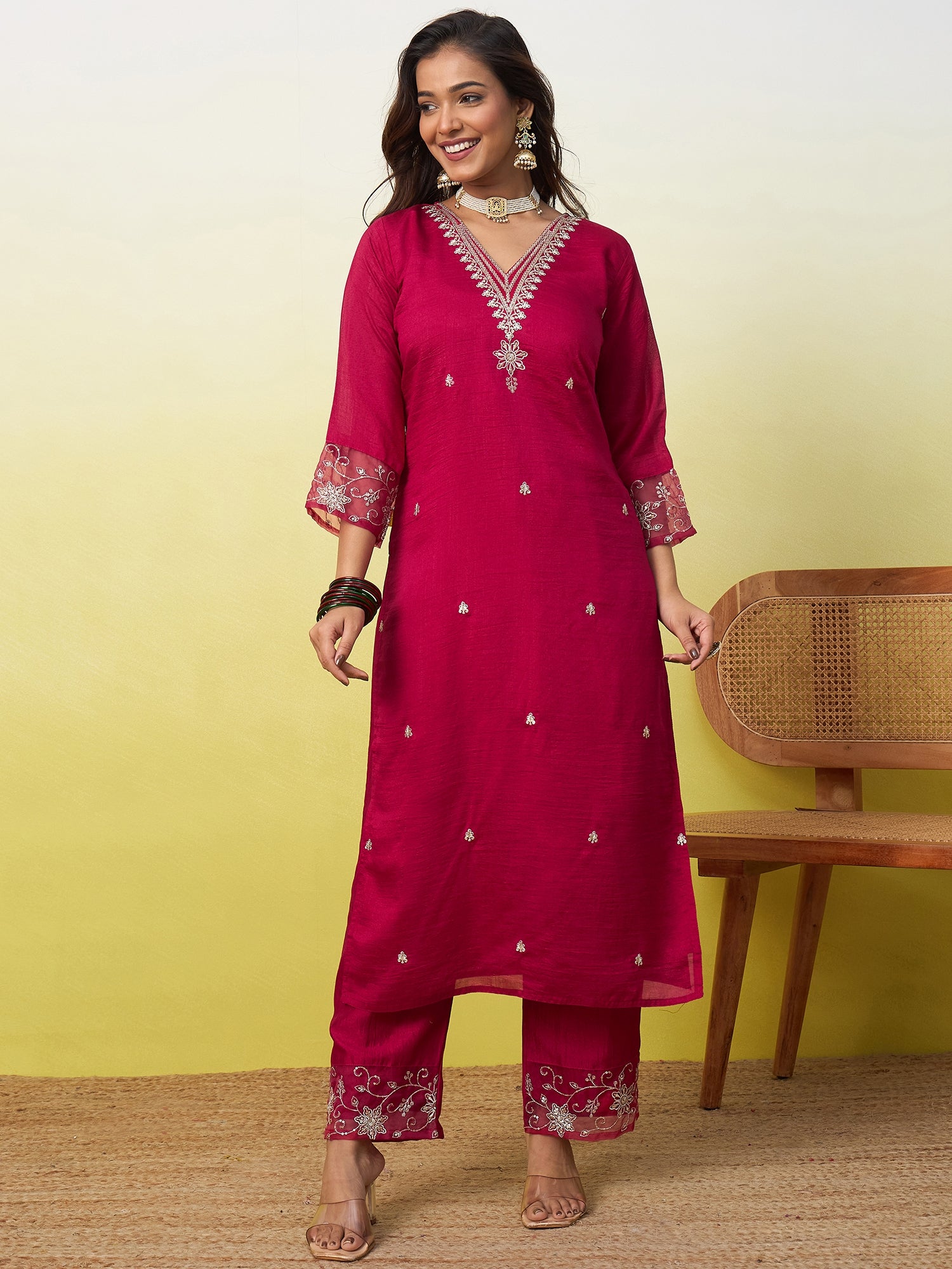 Meera Women's Embroidered Yoke Design Straight Kurta Set with Dupatta