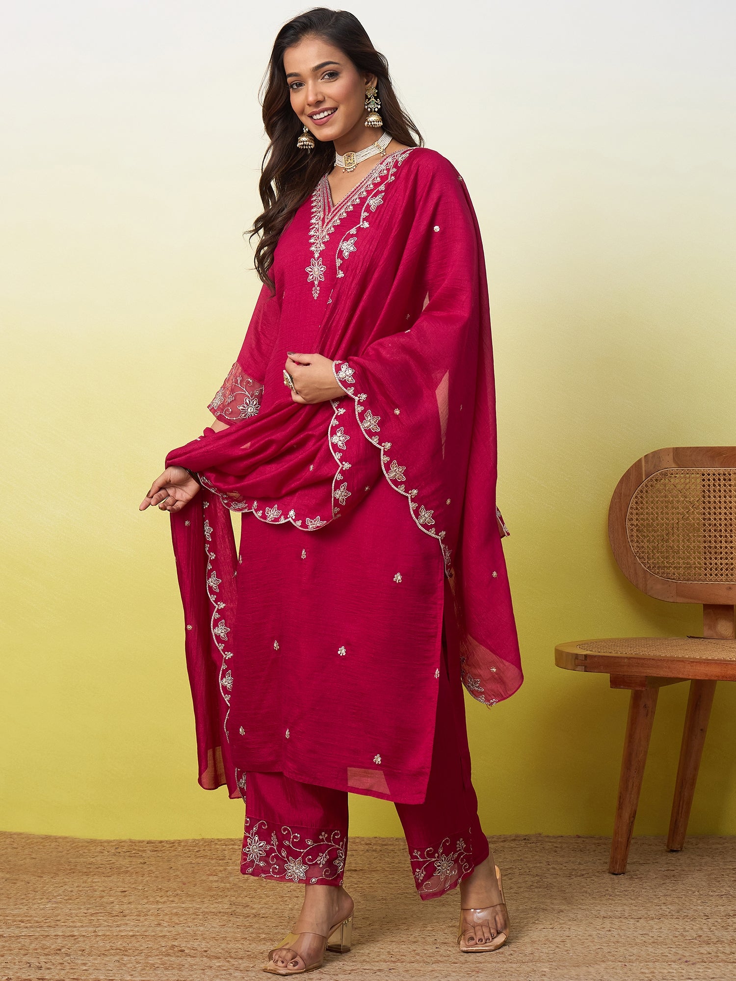 Meera Women's Embroidered Yoke Design Straight Kurta Set with Dupatta