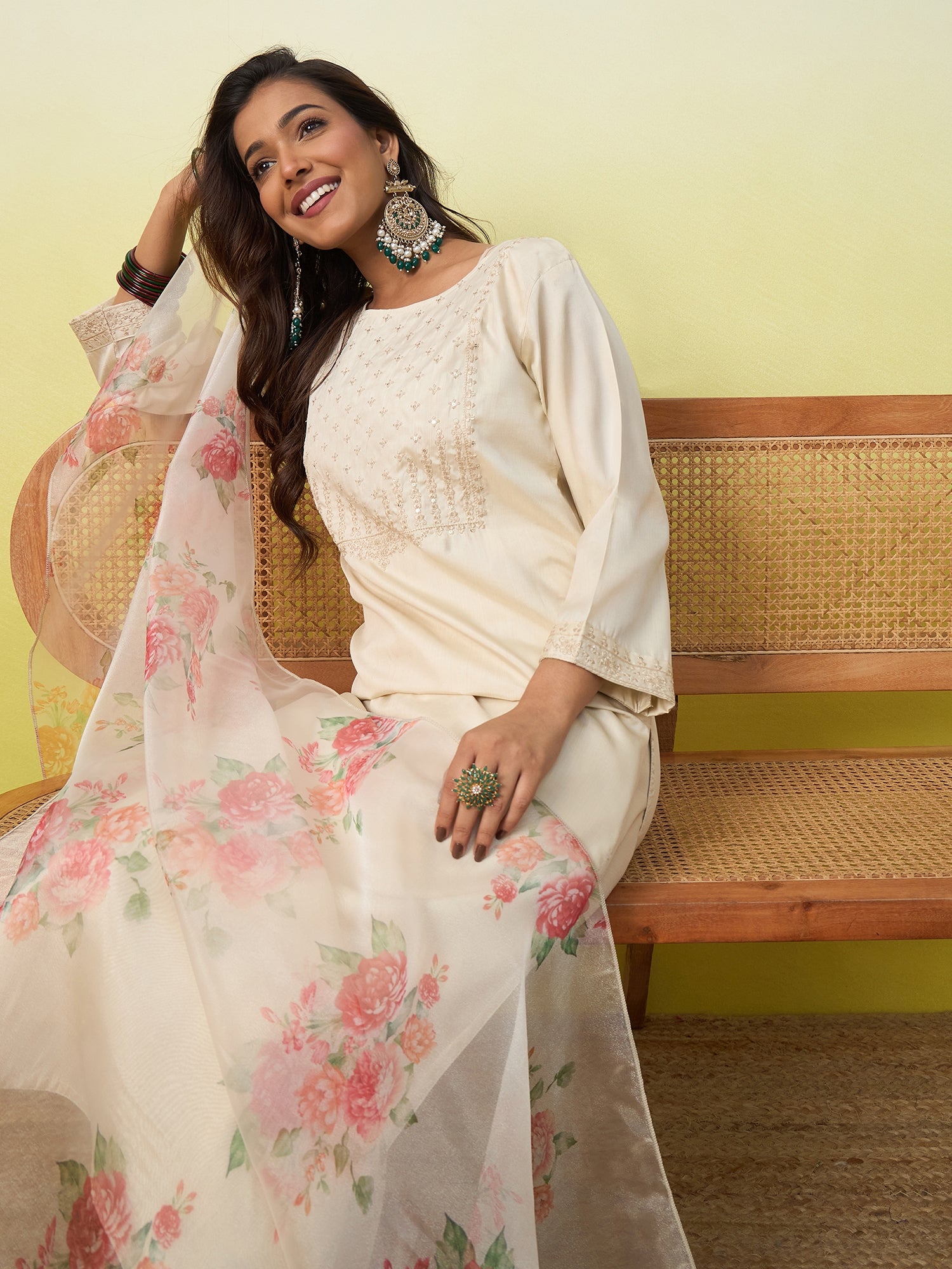 Kavya Women's Embroidered Yoke Design Straight Kurta Set with Dupatta