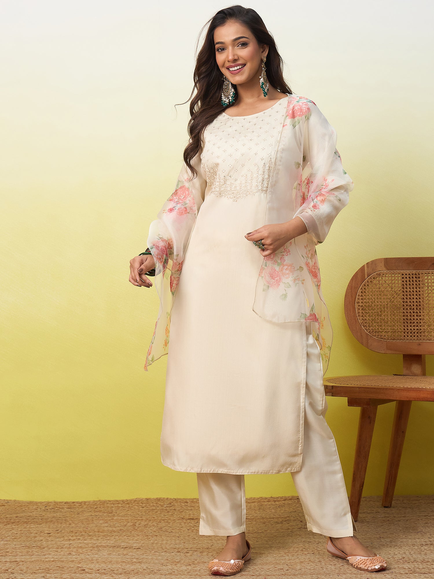Kavya Women's Embroidered Yoke Design Straight Kurta Set with Dupatta