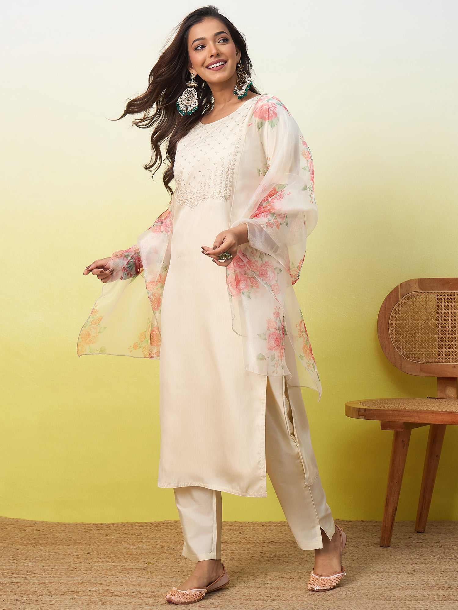 Kavya Women's Embroidered Yoke Design Straight Kurta Set with Dupatta