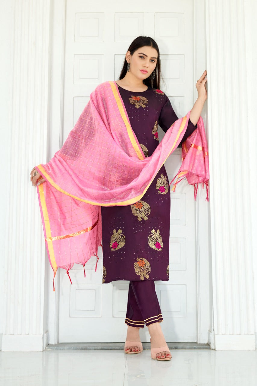 VredeVogel Cotton Silk Jacquard Kurta Pant With chanderi Silk dupatta Sets