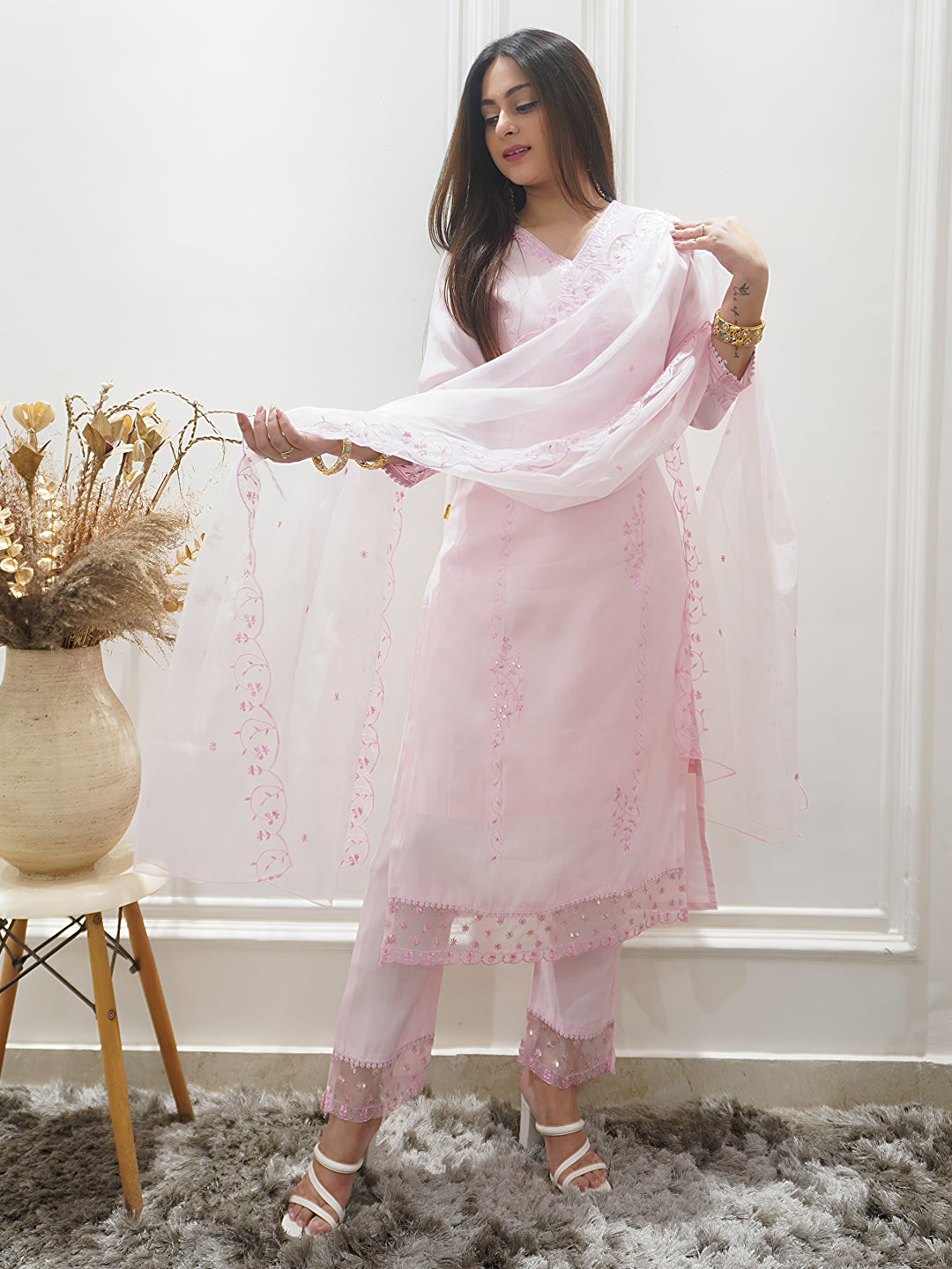 Swarnika Women's Viscose Roman Silk Kurta Set Ready to Wear Elegant Lightweight Soft Ethnic Outfit