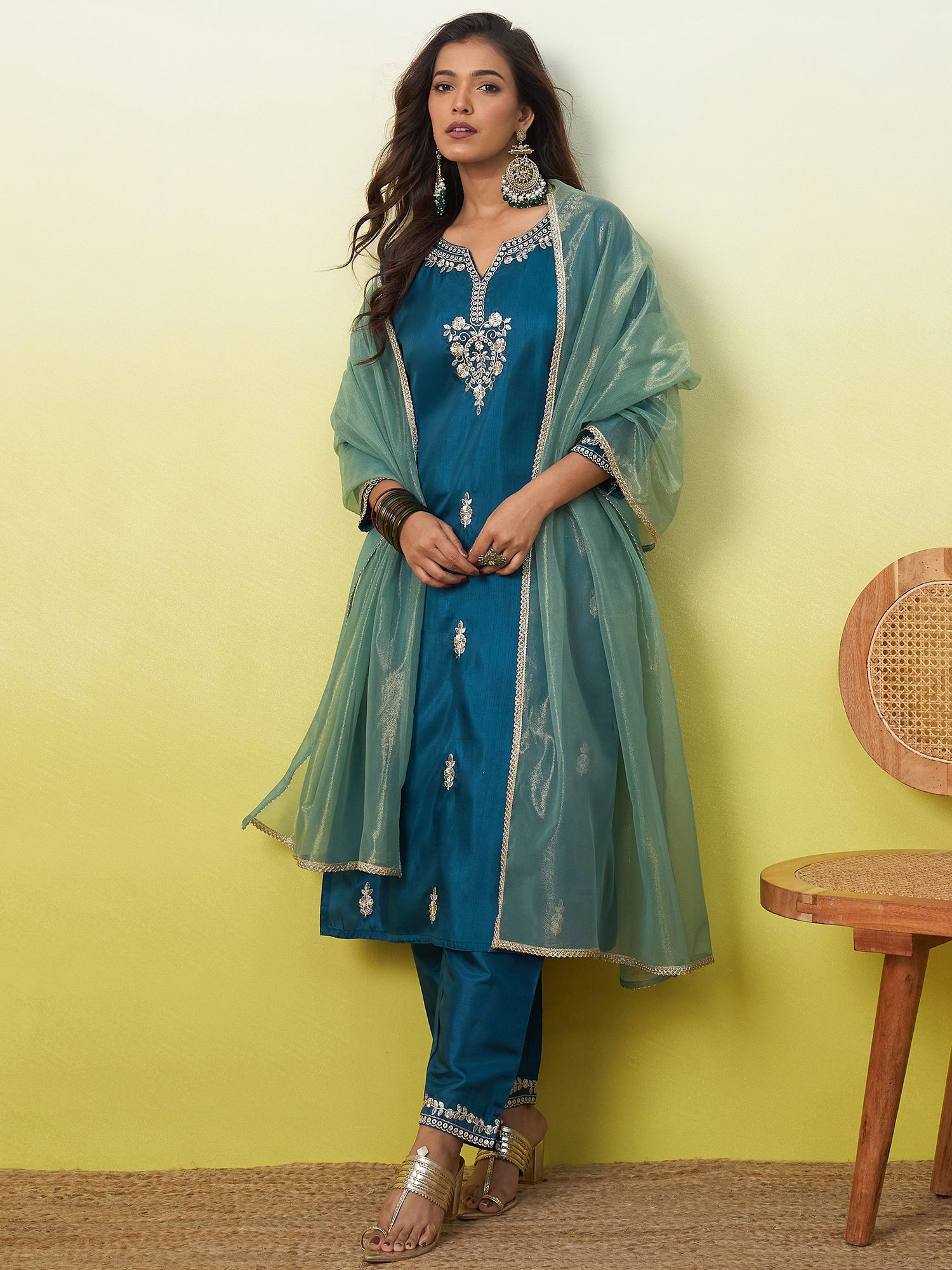 Diya Women's Embroidered Yoke Design Straight Kurta Set with Dupatta
