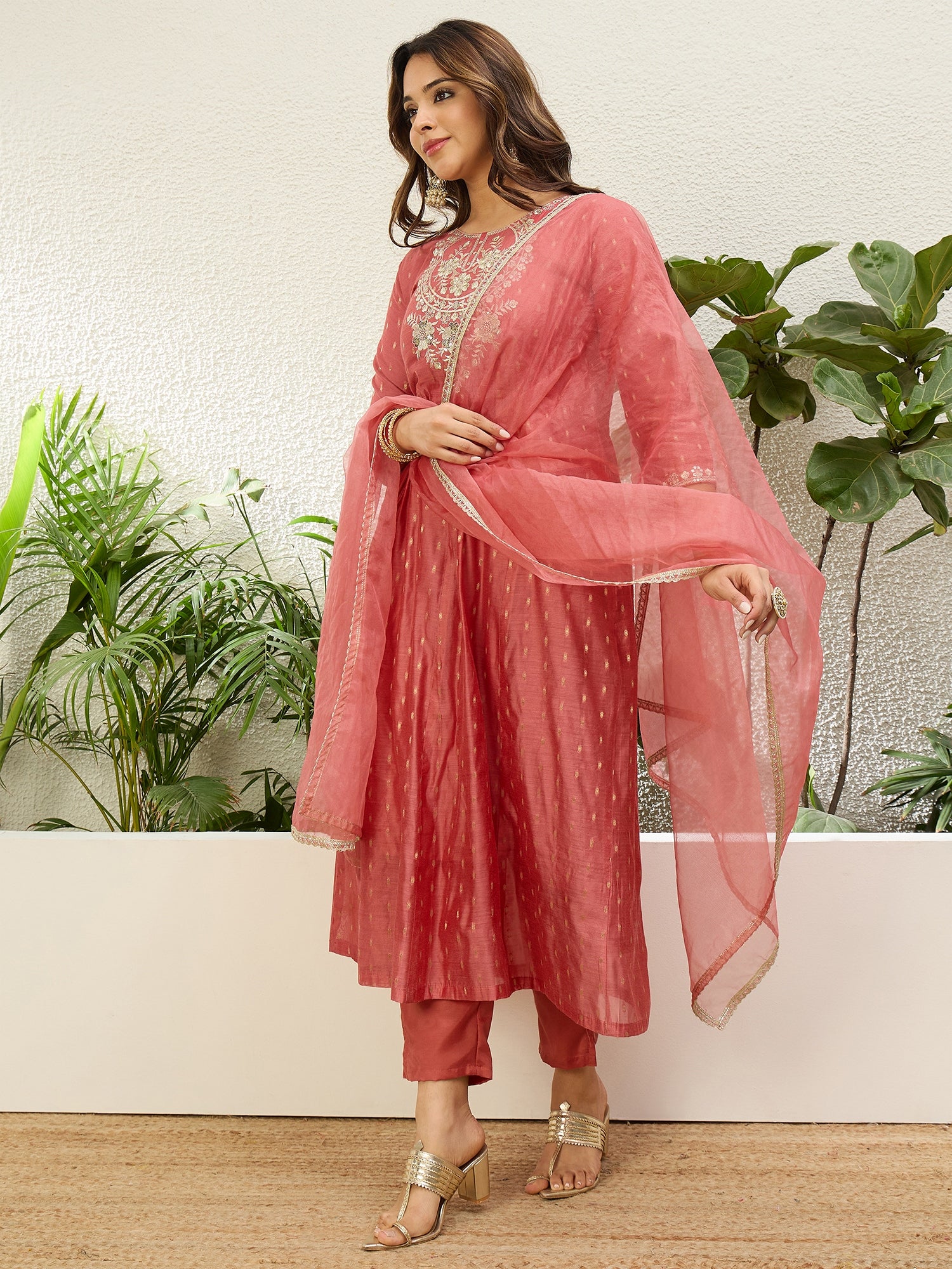 Myra Women's Peach Silk Blend Embroidered Yoke Flared Kurta Set