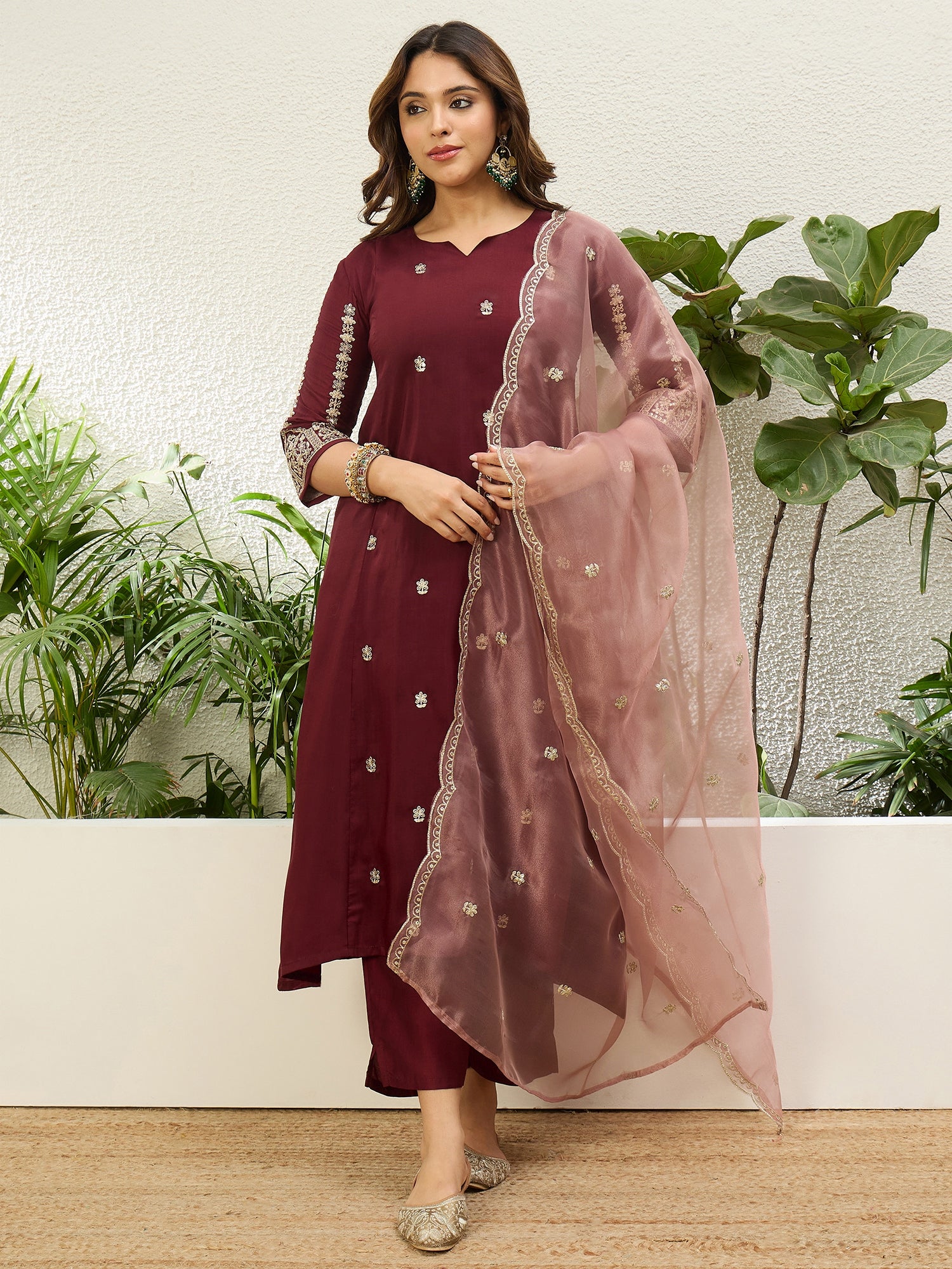 Kalyani Women's Maroon Embroidered Straight Kurta Pant Set with Dupatta