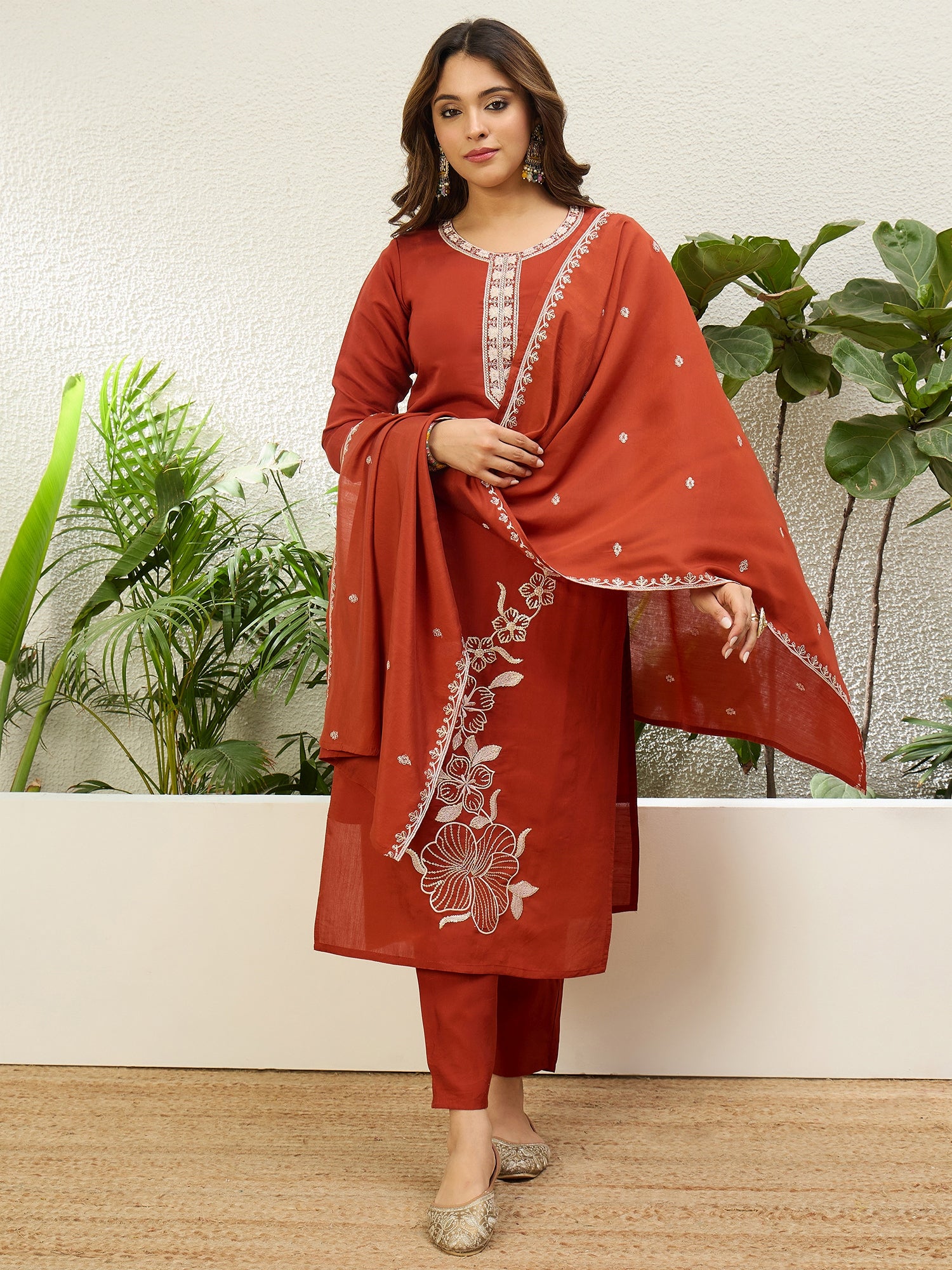 Vasundhara Women's Rust Silk Blend Embroidered Yoke Kurta Set