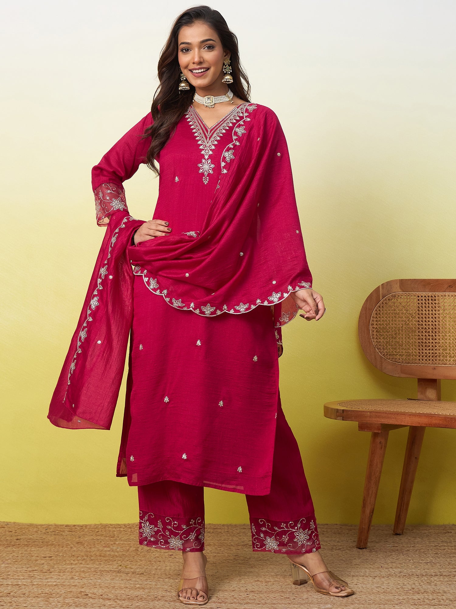 Meera Women's Embroidered Yoke Design Straight Kurta Set with Dupatta