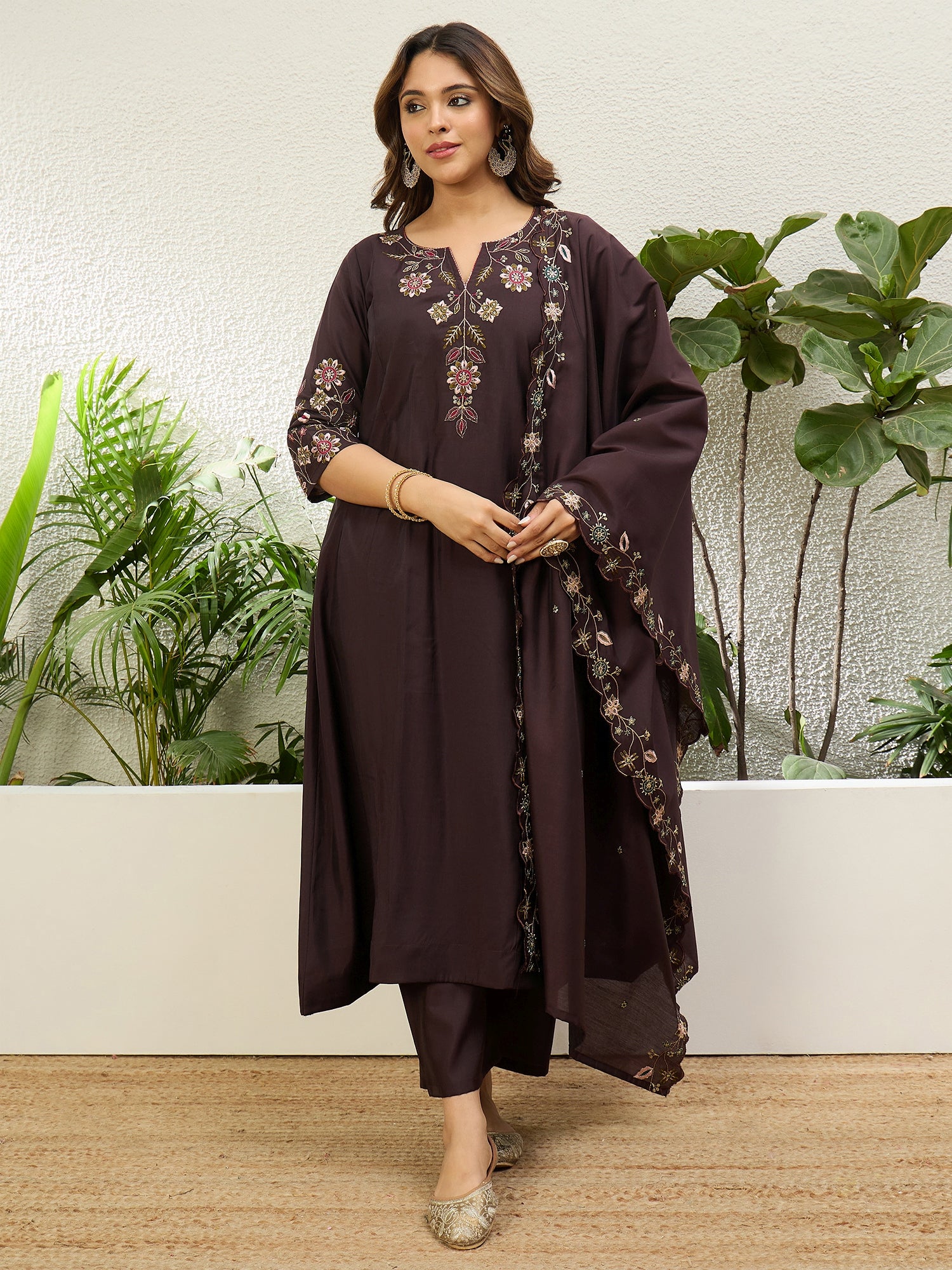 Pranjal Women's Coffee Brown Embroidered Yoke Design Straight Kurta Pant Set