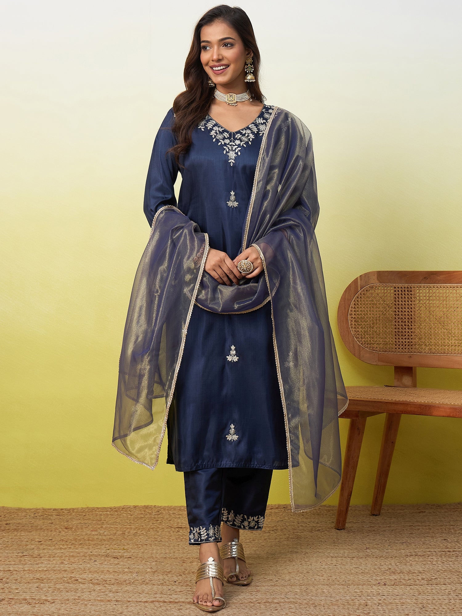 Aadhya Women's Embroidered Yoke Design Straight Kurta Set with Dupatta