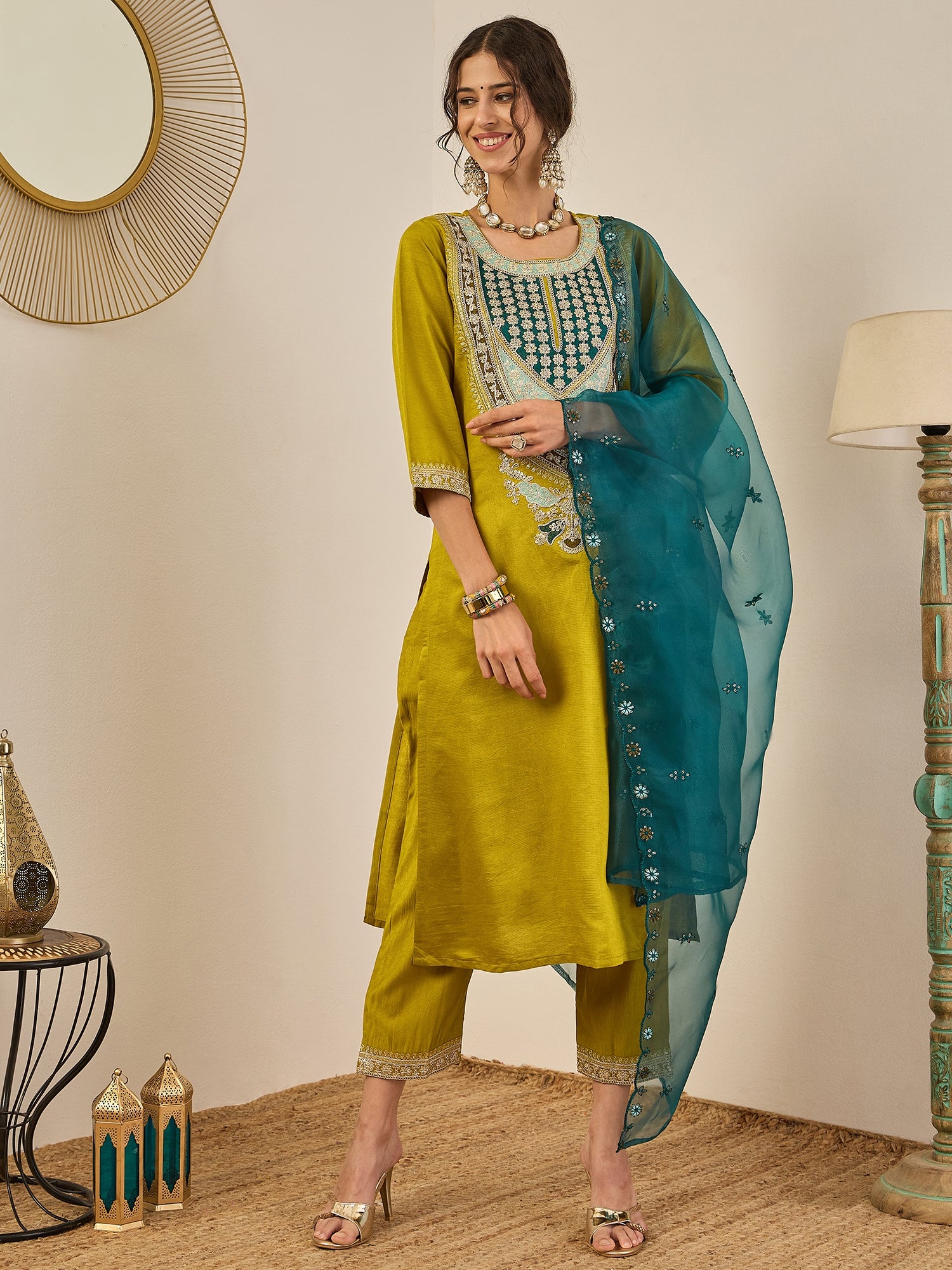 Tanirika Women's Embroidered Viscose Rayon Calf Length Straight Kurta Trouser with Dupatta Set