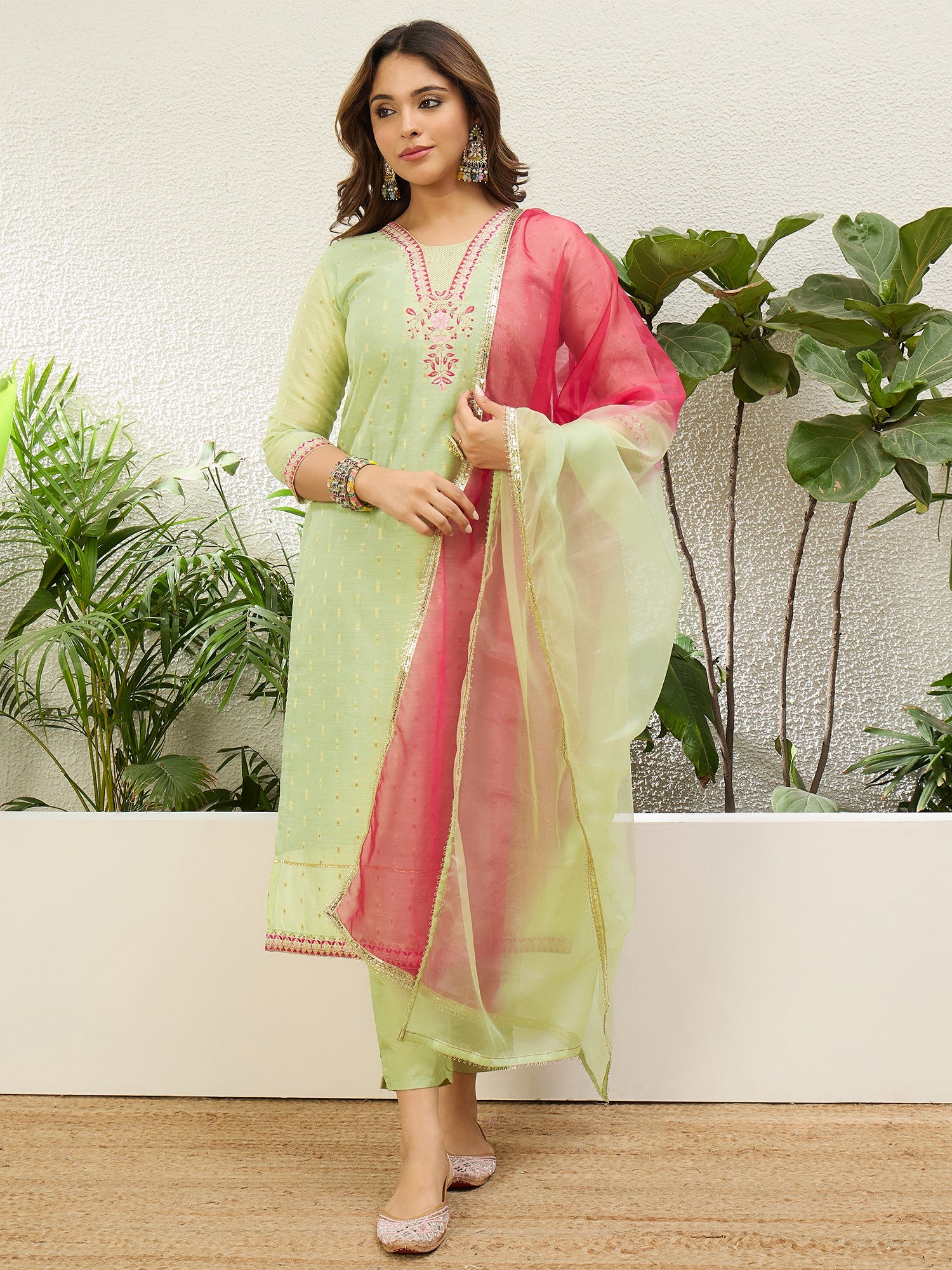 Harini Women's Pista Green Embroidered Yoke Design Straight Kurta Pant Set with Ombre Dupatta
