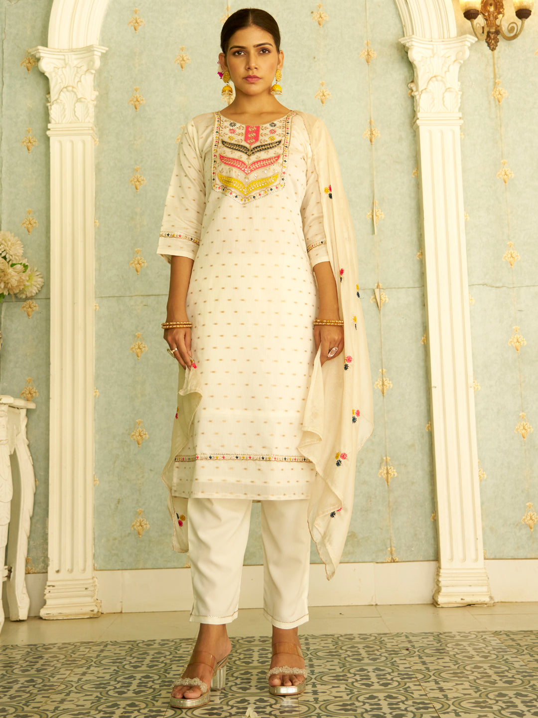 Myra Off White Embroidered Chanderi Silk Kurta Set with Embroidered Dupatta