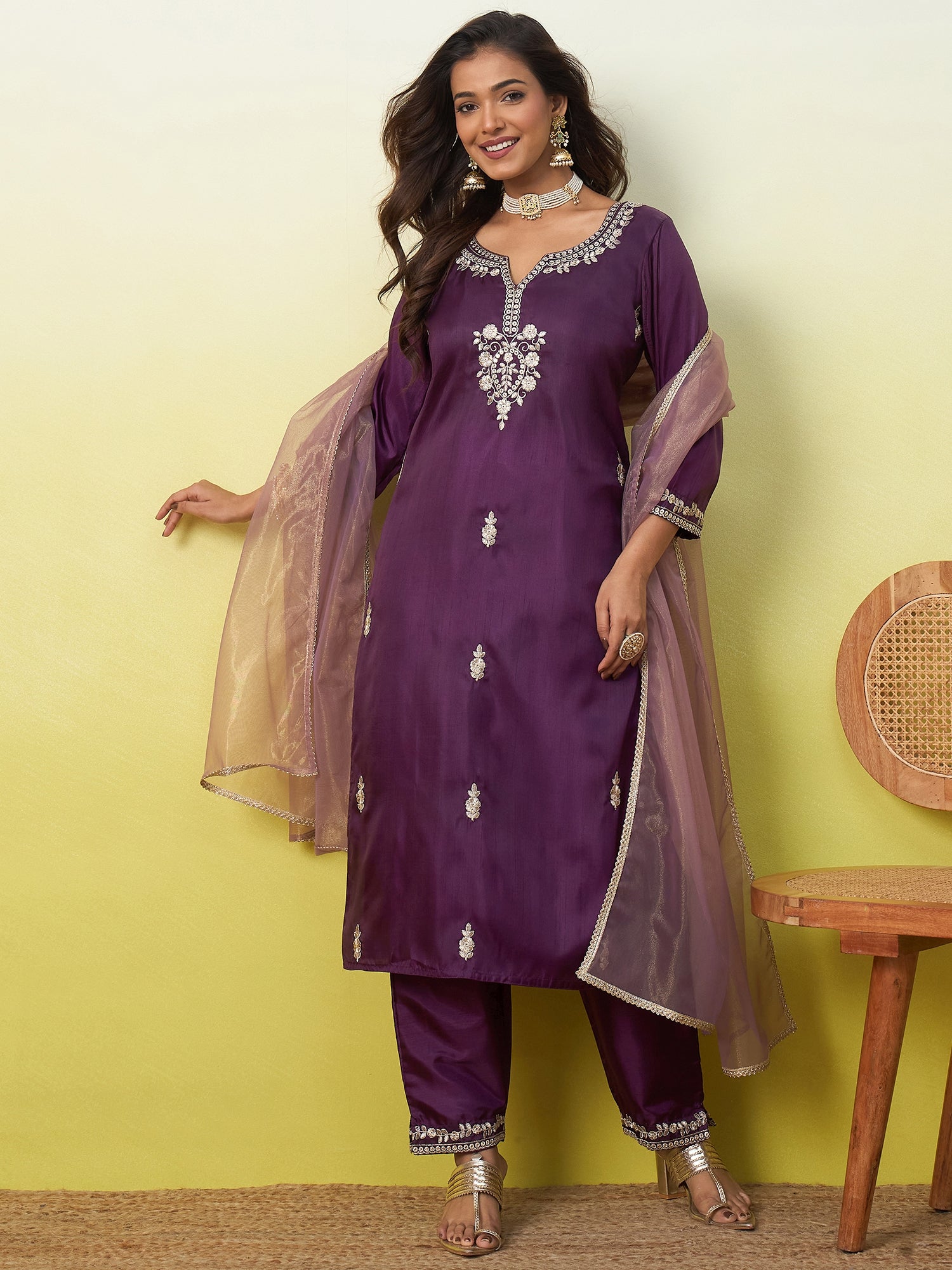 Kavya Women's Embroidered Yoke Design Straight Kurta Set with Dupatta