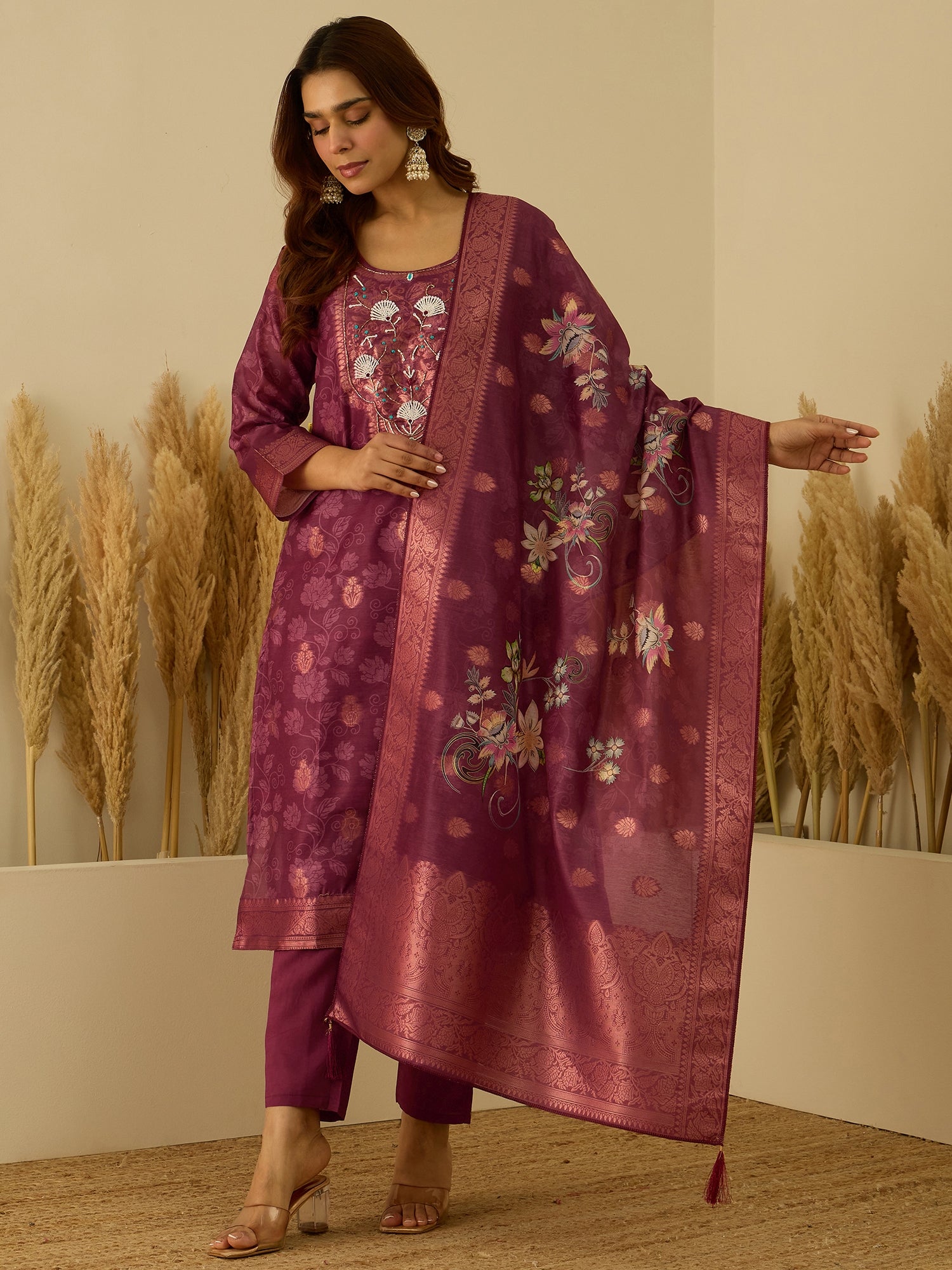 VredeVogel Maroon Silk Blend Embroidered Straight Kurta Set with Trousers & Dupatta