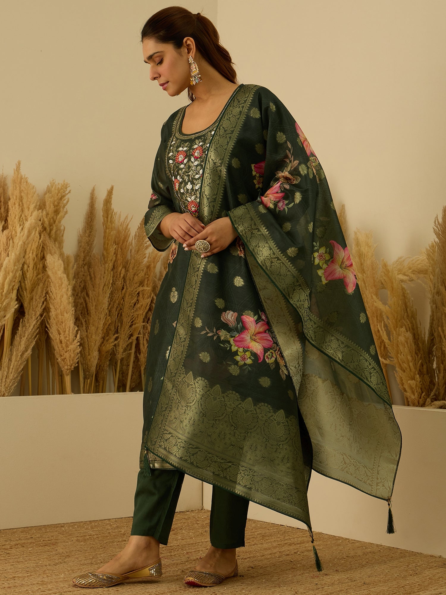 VredeVogel Green Silk Blend Embroidered Straight Kurta Set with Trousers & Dupatta