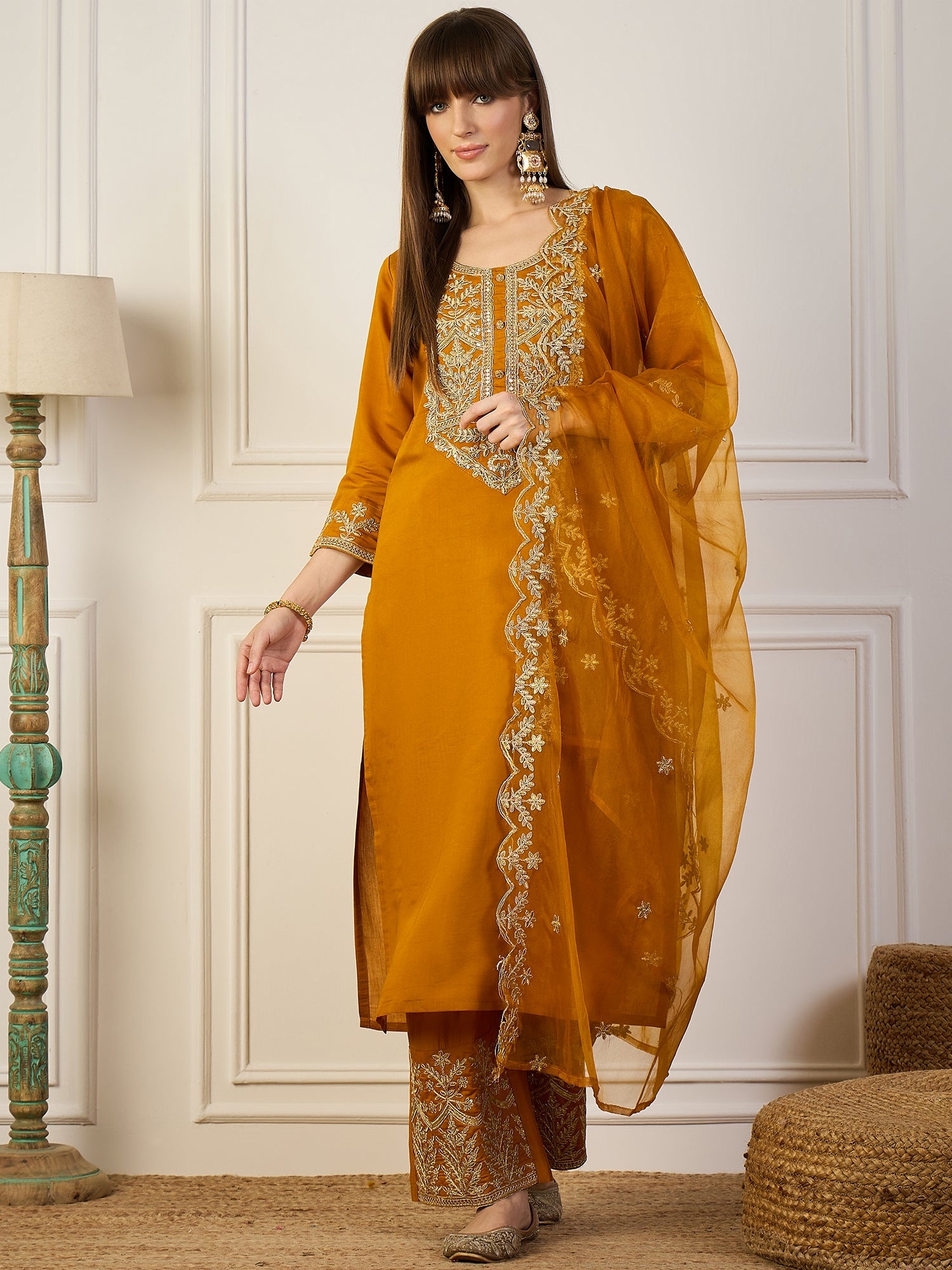 Heer Mustard Floral Embroidered Thread Work Kurta with Palazzo & Dupatta Suits