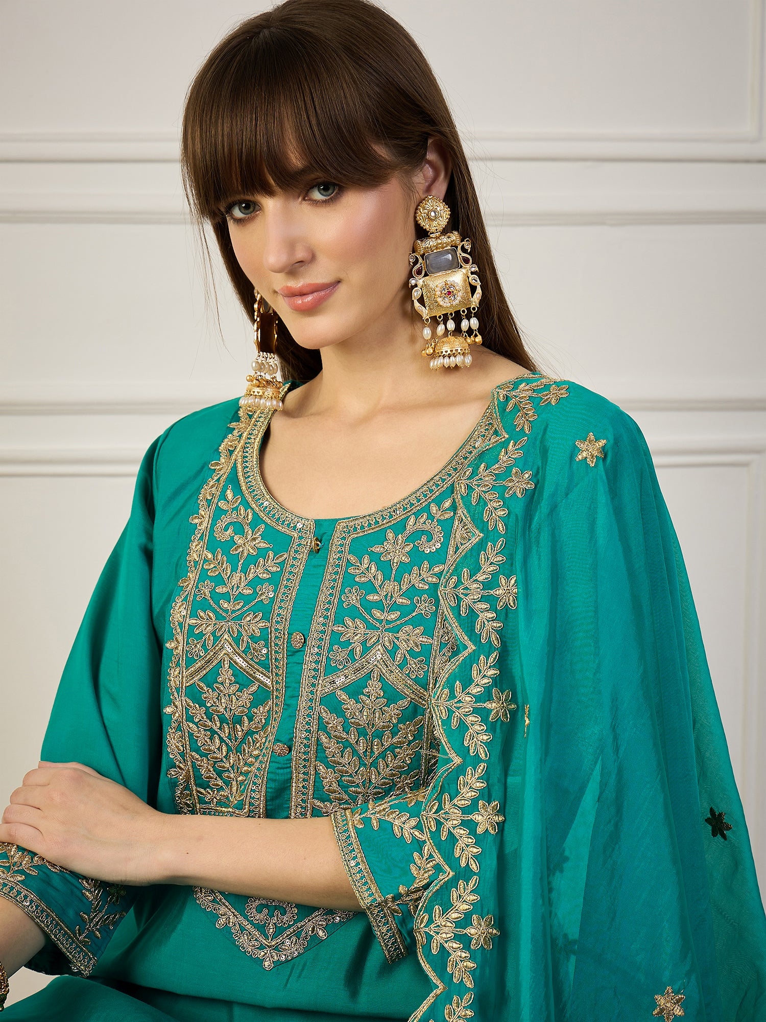Heer Blue Floral Embroidered Thread Work Kurta with Palazzo & Dupatta Suits
