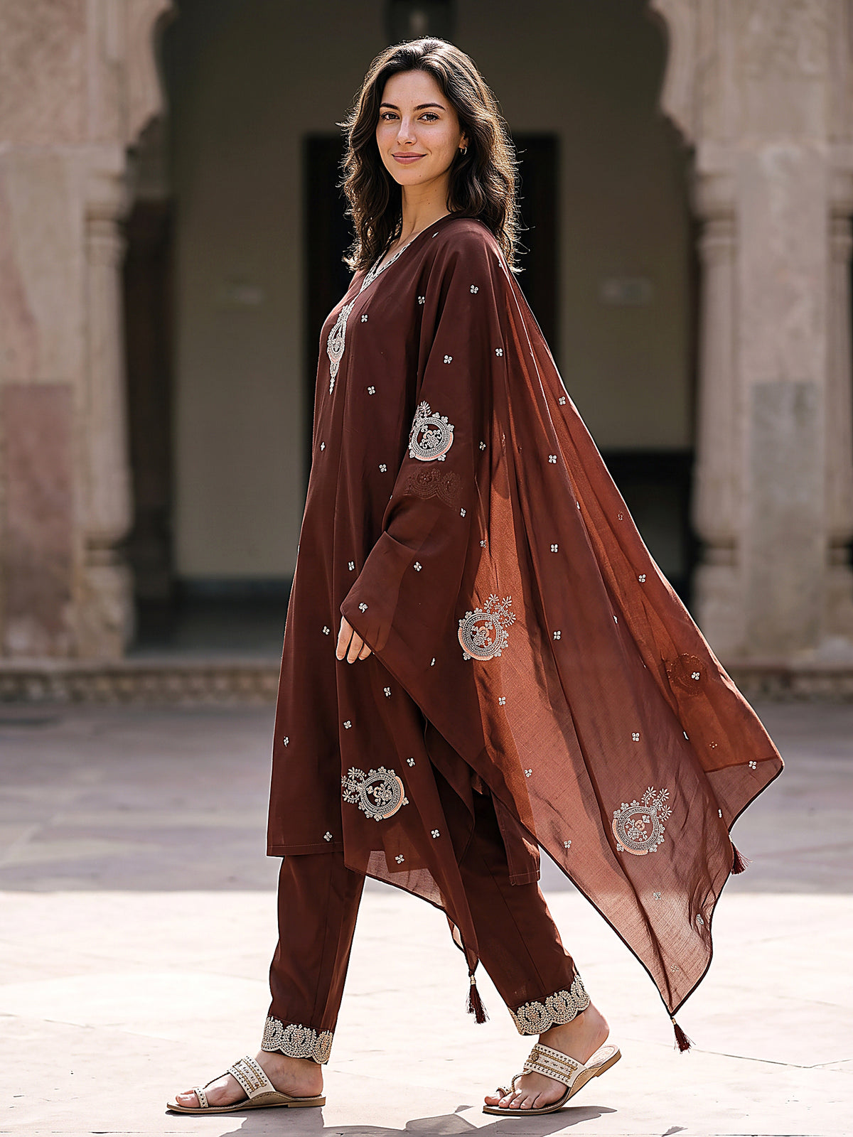 Samaira Women’s Coffee Embroidered Kurta Set with Matching Pants & Sheer Dupatta