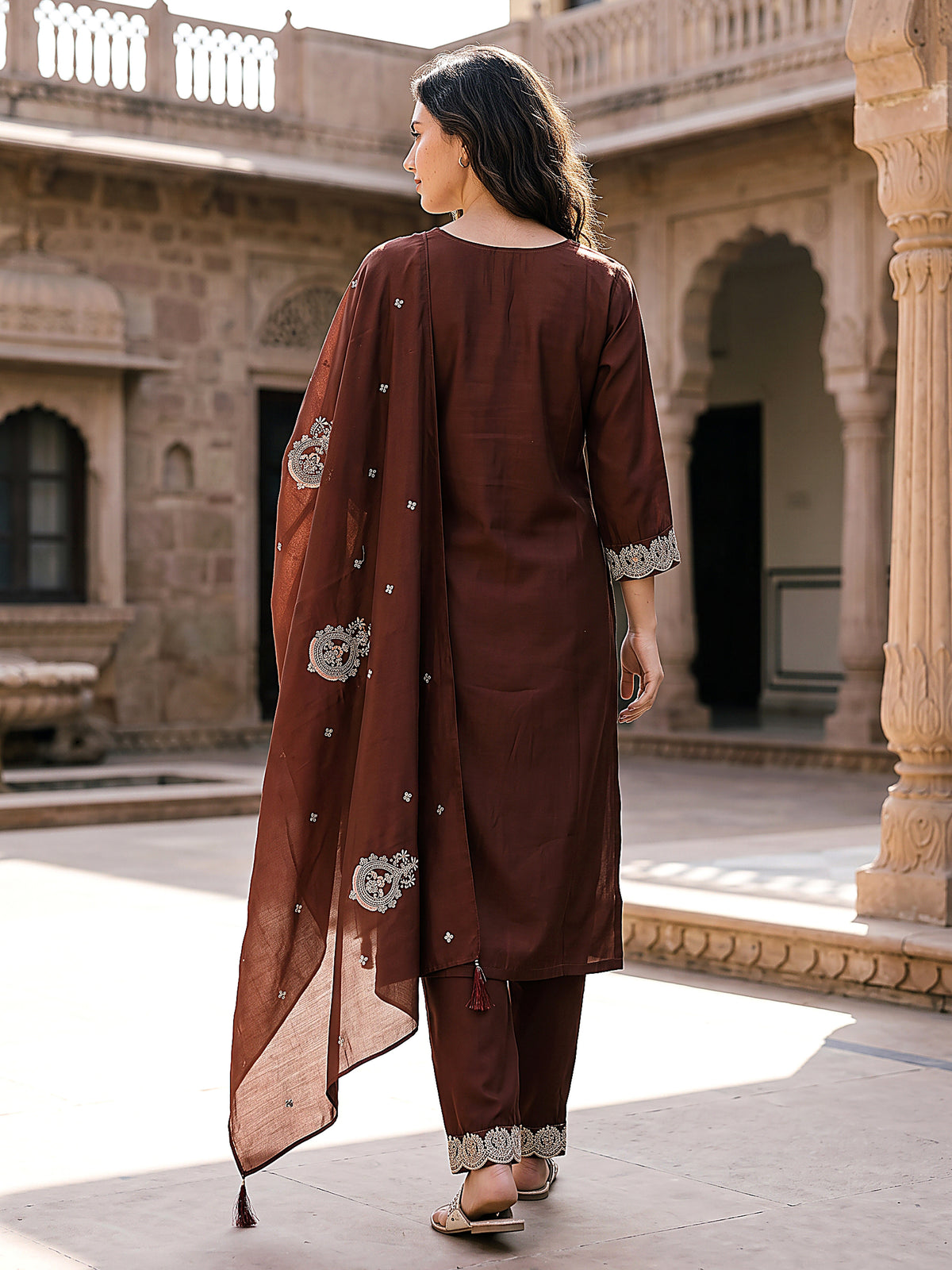 Samaira Women’s Coffee Embroidered Kurta Set with Matching Pants & Sheer Dupatta