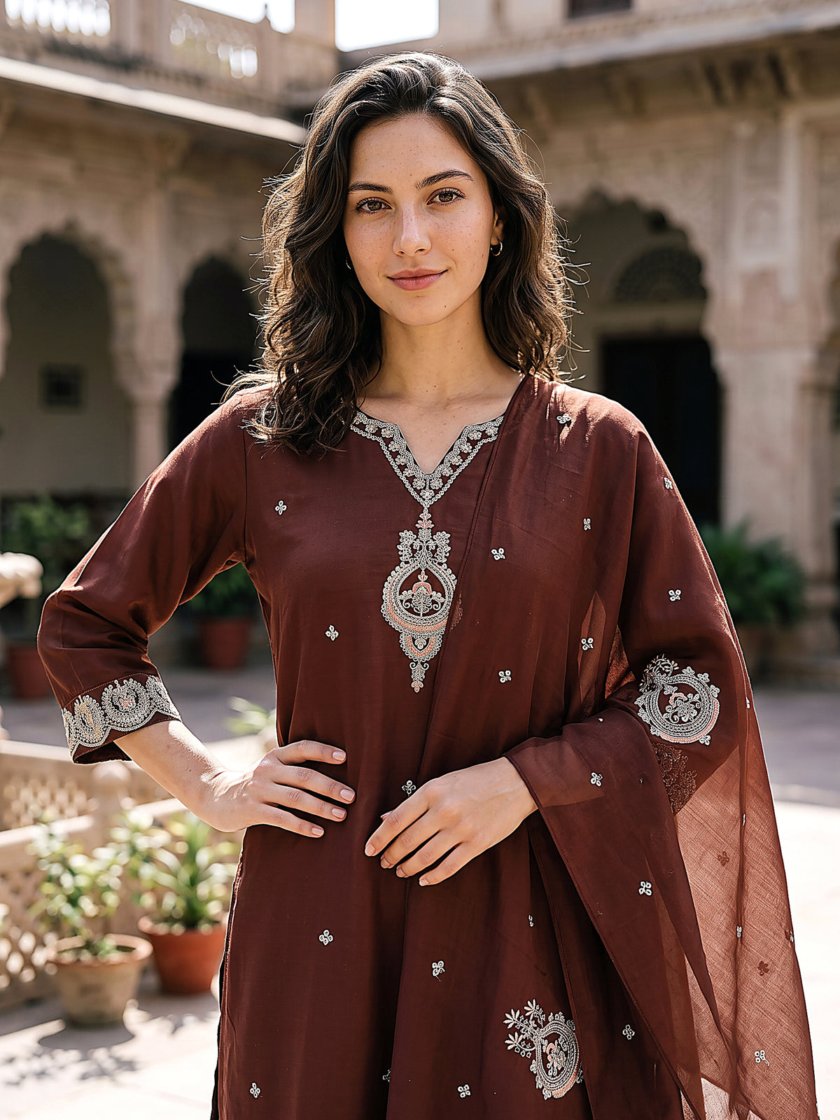 Samaira Women’s Coffee Embroidered Kurta Set with Matching Pants & Sheer Dupatta