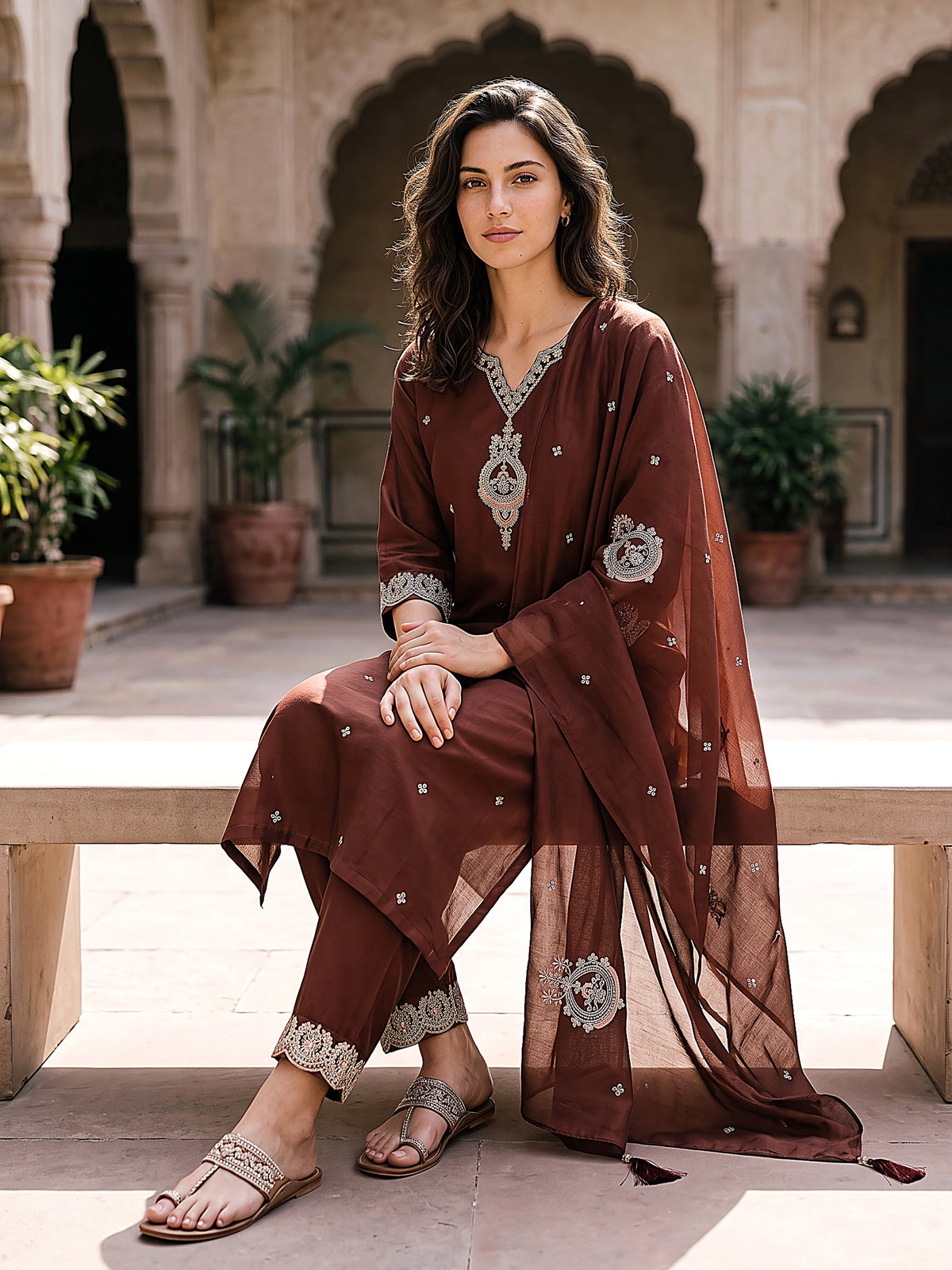 Samaira Women’s Coffee Embroidered Kurta Set with Matching Pants & Sheer Dupatta